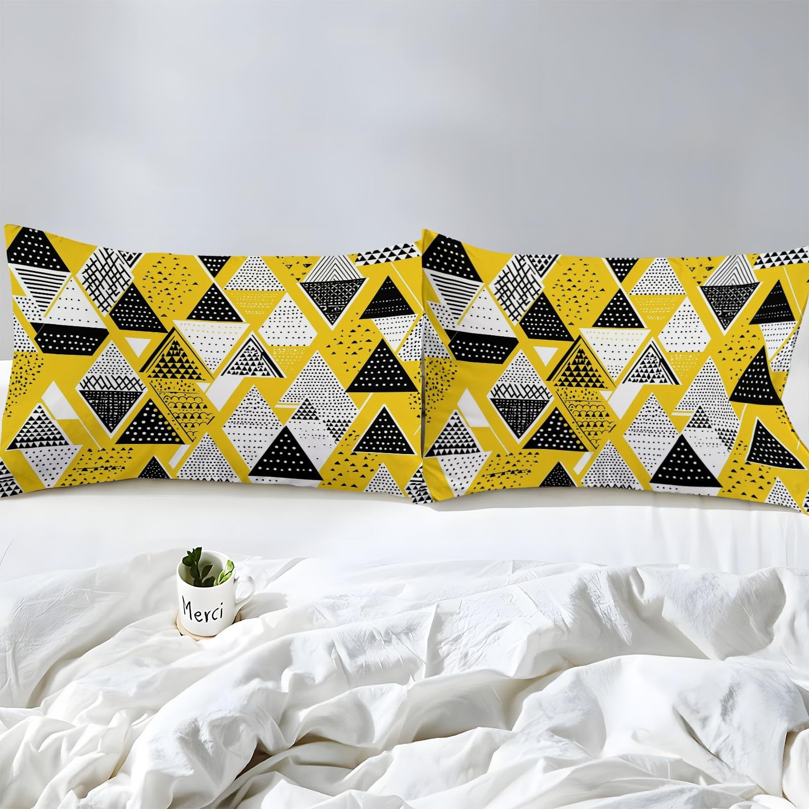 Zestaw pościeli z gumką z japońską geometrią, trójkąt, kropki, żółte, 200 x 200 cm, miękka, oddychająca mikrofibra, z 2 poszewkami na poduszkę, na materac do 25-30 cm, kolor żółty