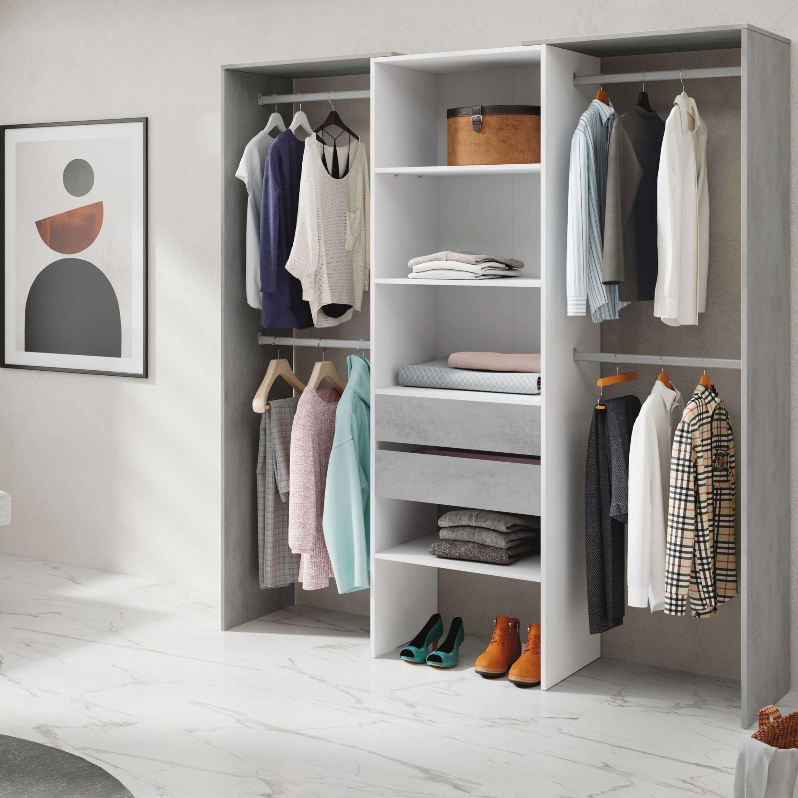 Habitdesign Armario Vestidor con 2 Cajones, Vestidor con Barras y Baldas, Acabado en Blanco Artik y Gris Cemento, Medidas: 179 cm (Ancho) x 202 cm (Alto) x 50 cm (Fondo)