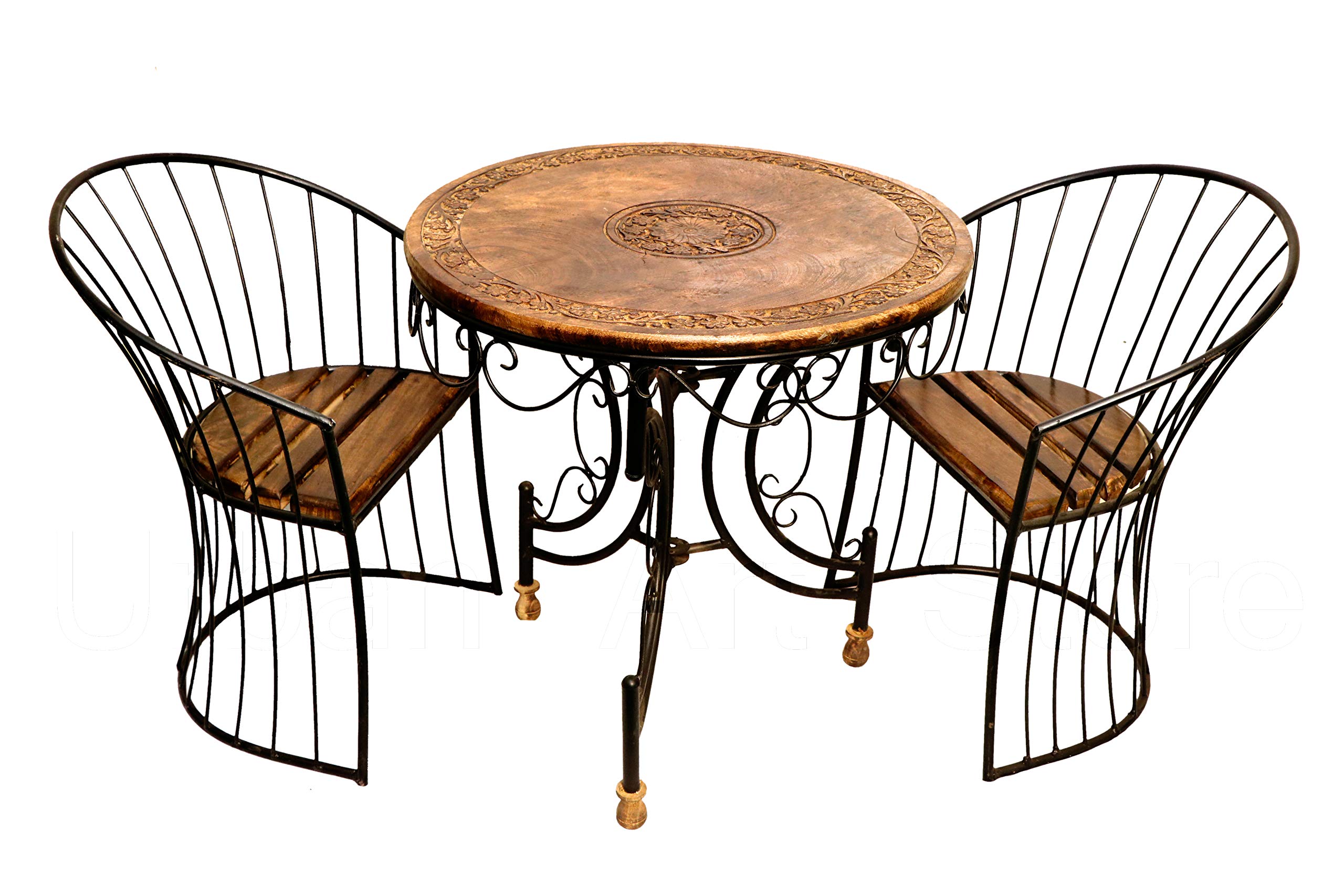 Wood & Wrought Iron Patio Furniture Set Garden & Outdoor/Indoor Furniture (Set Of 3)- Brown & Black, 56 Centimeters
