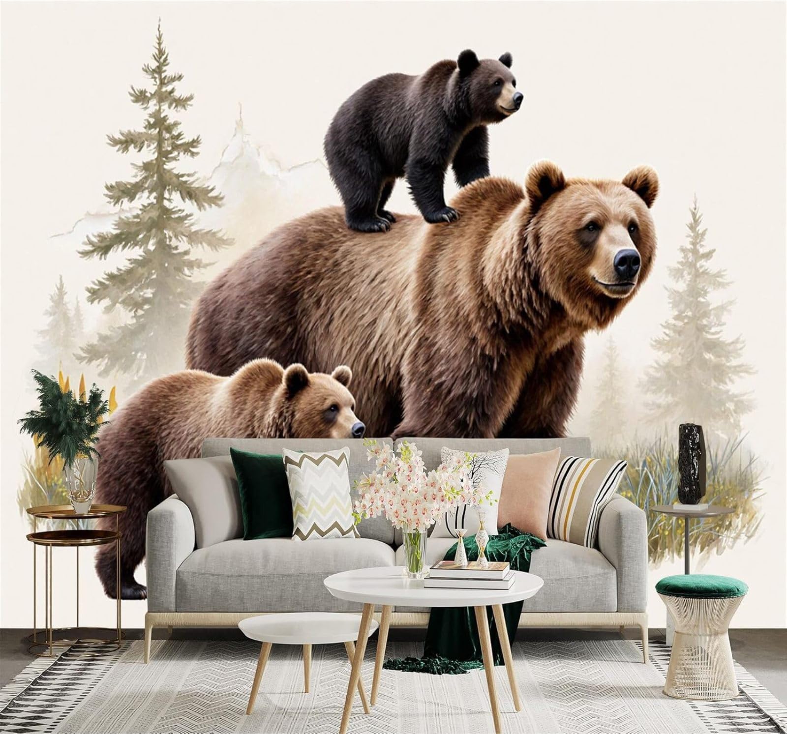 XLMING Animals Brown Bears Forests Mountains Scenery 3D Wallpaper Premium Textured Silk Study Dining Living Room Bedroom Sofa TV Wall Easy Install-200cm×140cm