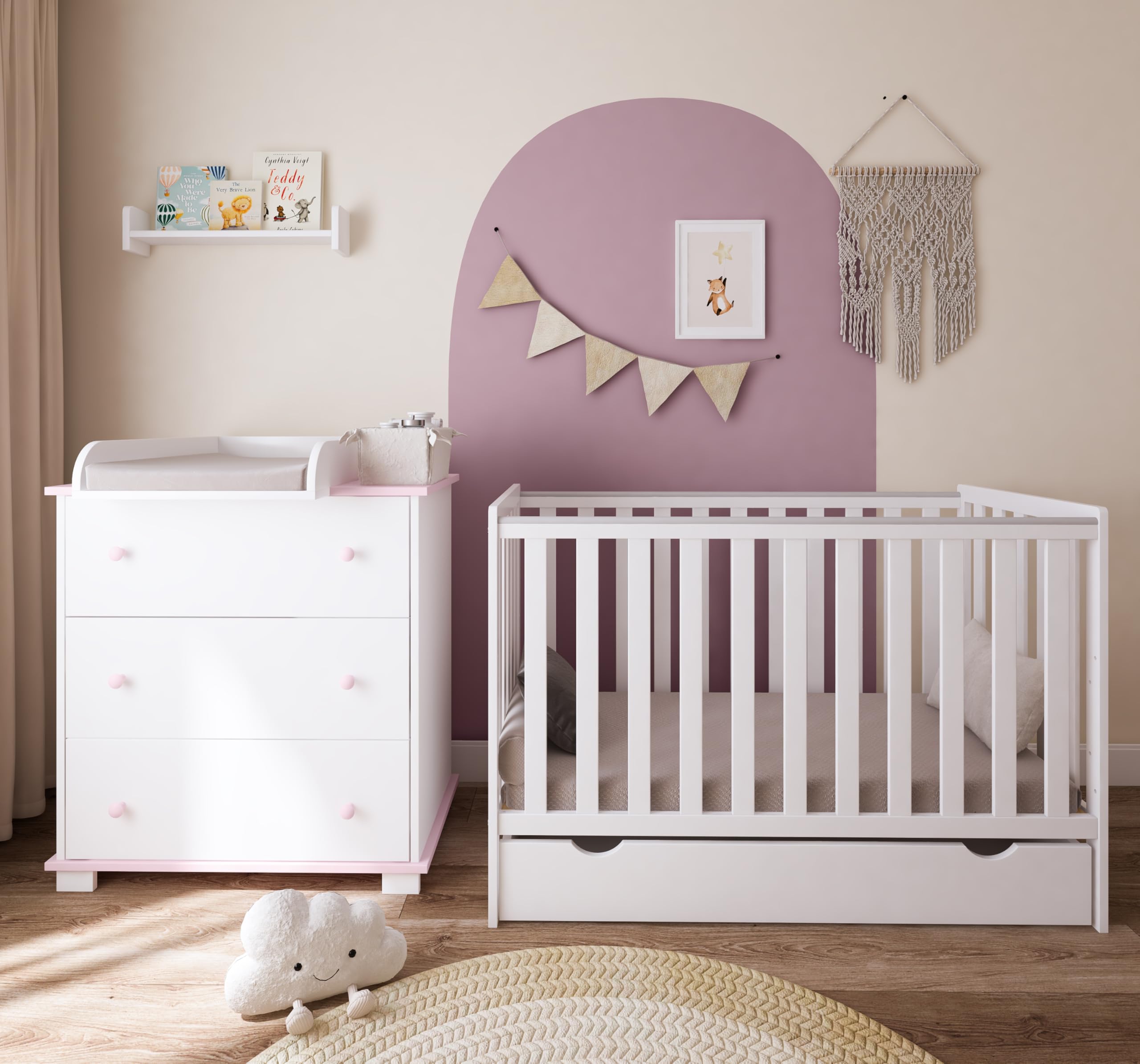 zee Cómoda Cambiador para Bebé Rosa 83 x 49 x 87 cm Classic con 3 Cajones Cambiador Extraíble Guías Telescópicas Tiradores y Patas de Madera de Pino