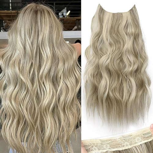 KooKaStyle Extensiones de cabello con alambre invisible con diadema transparente, tamaño ajustable, 4 clips de seguridad, largo, ondulado, alambre