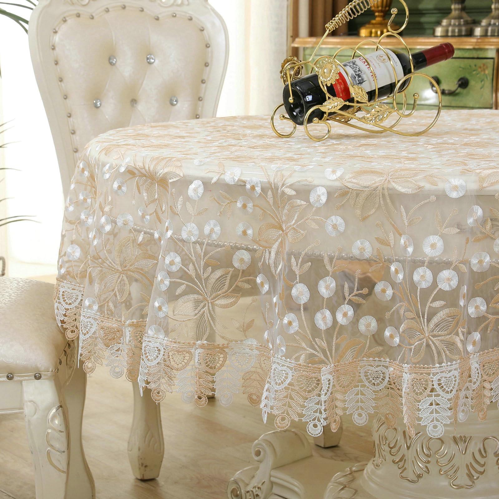 Tischdecke Kaffee Rund 180 cm, Blume Spitze Stickerei Polyester
