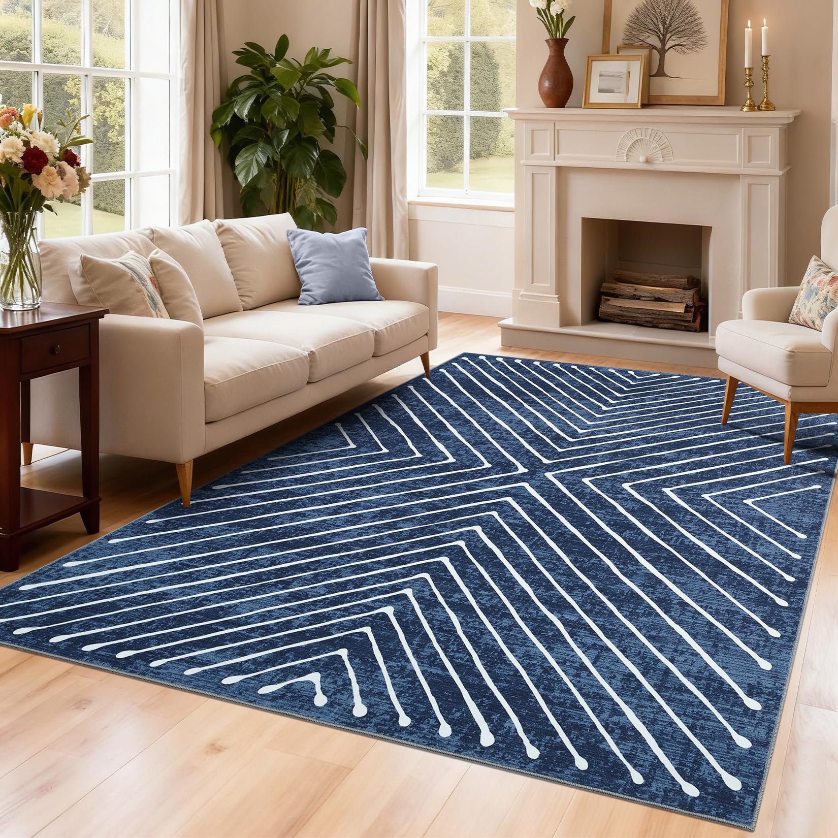 ROYHOME Washable Area Rug 3x5 – Modern Geometric Low Pile Rug with Non-Slip Backing, Soft Neutral Carpet for Living Room, Bedroom, Dining Room & Home