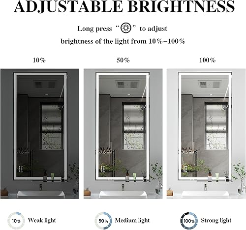 Miniatura 8 de BEAUTME Espejo de baño LED de 48 x 24 pulgadas, espejo de baño iluminado con luces, luces de 3 colores ajustables, montado en la pared, antiniebla,