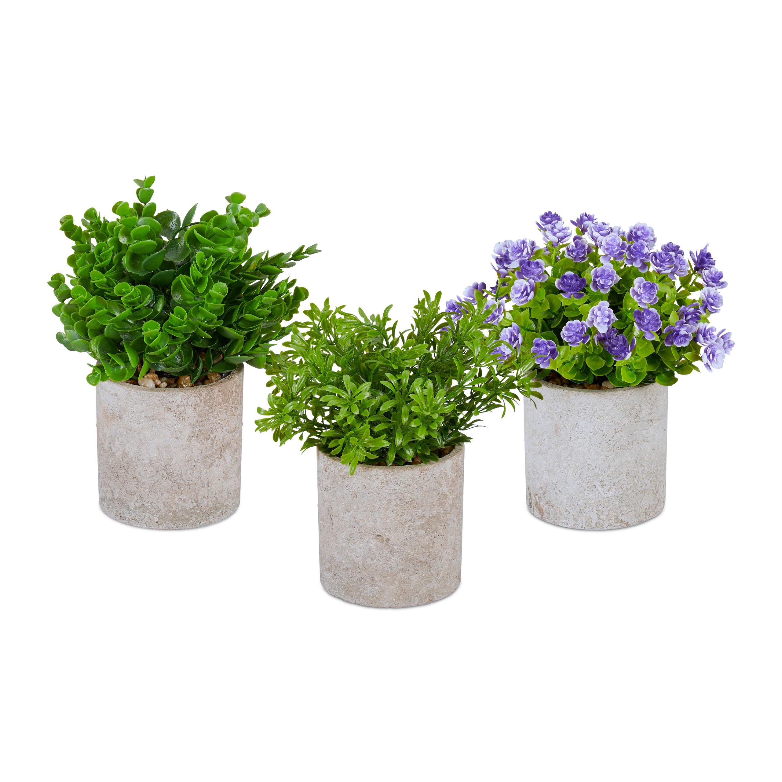 Relaxdays Lot de 3 Plantes artificielles, diverses Fausses Fleurs décoratives en Pot, Set réaliste, Vert - Violet - Gris