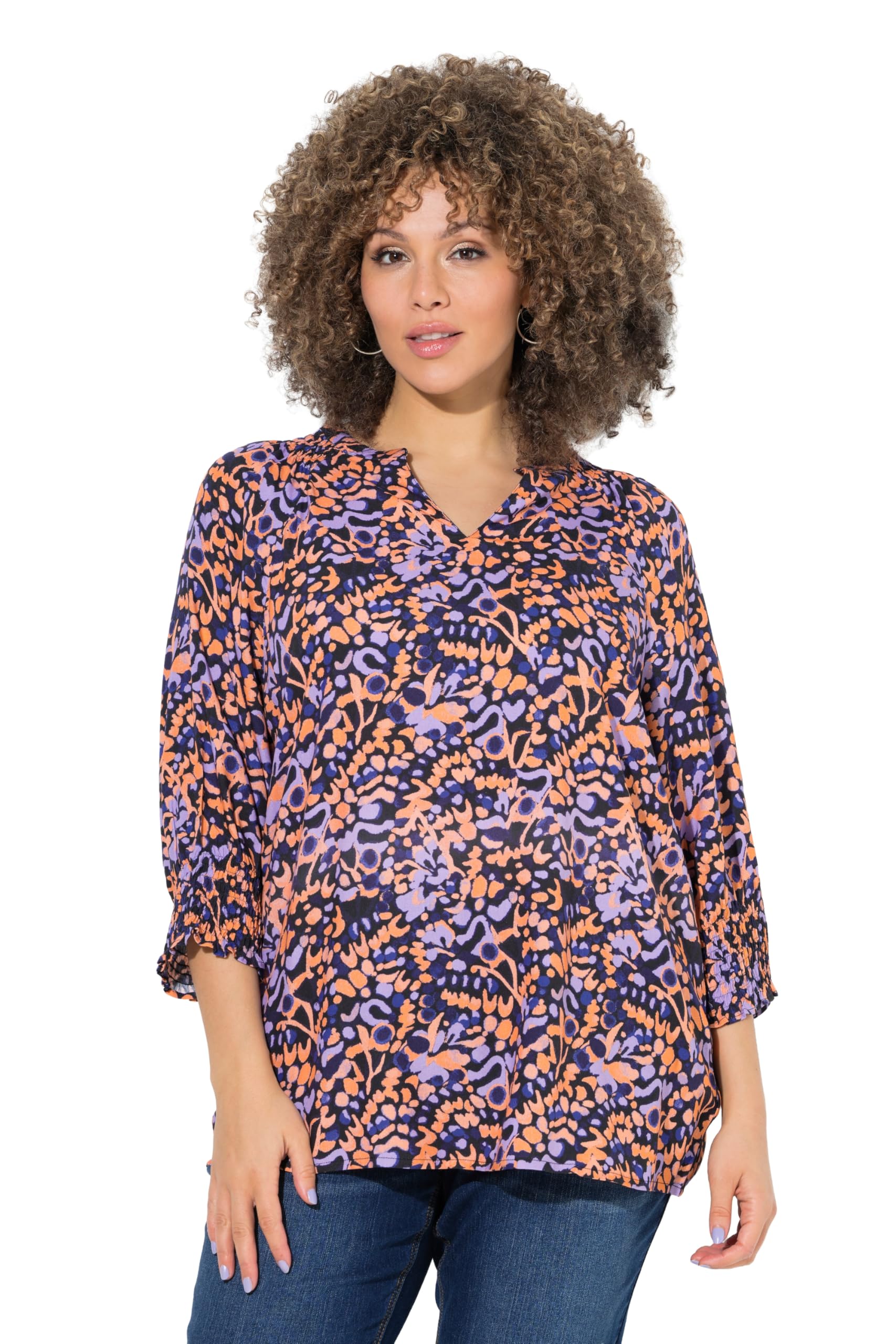 Ulla Popken Damen große Größen Übergrößen Plus Size Tunika, Smok-Details, Tunika-Ausschnitt, 3/4-Arm 849390