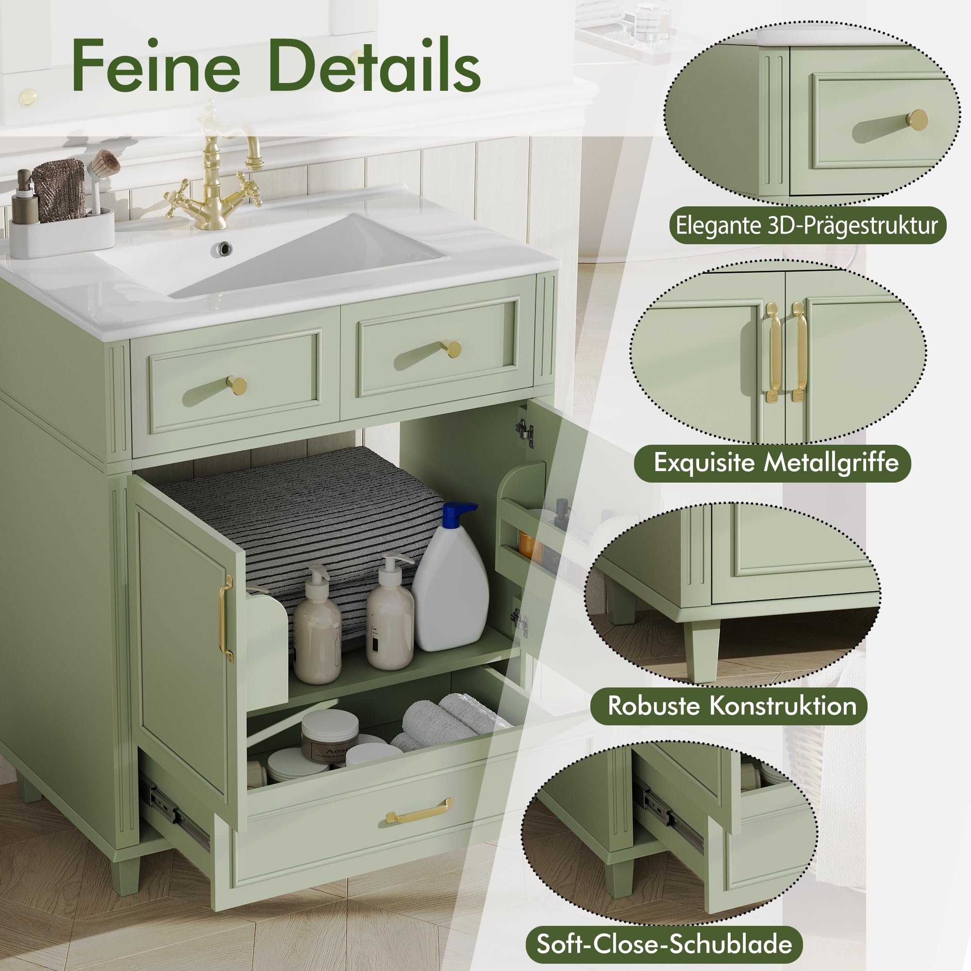 Meuble lavabo 81 cm avec Vasque en céramique, Petit Meuble sous-Vasque avec 3 Tiroirs et Rangement Caché, Poignées Dorées, Désign Simple Moderne, WC Invités, Salle de Bain, Vert-G