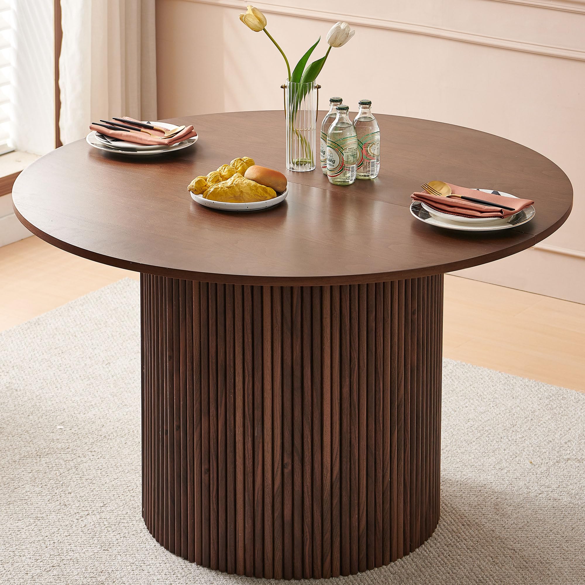 Photo 1 of ****SIMILAR ITEM***** Homedot 47" Round Dining Room Table Walnut Wood Veneer Tabletop, Farmhouse Dinner Table with Two-Part Tabletop for 4-6, Rustic Circle Dining Table with MDF Strip Base for Kitchen Living Room