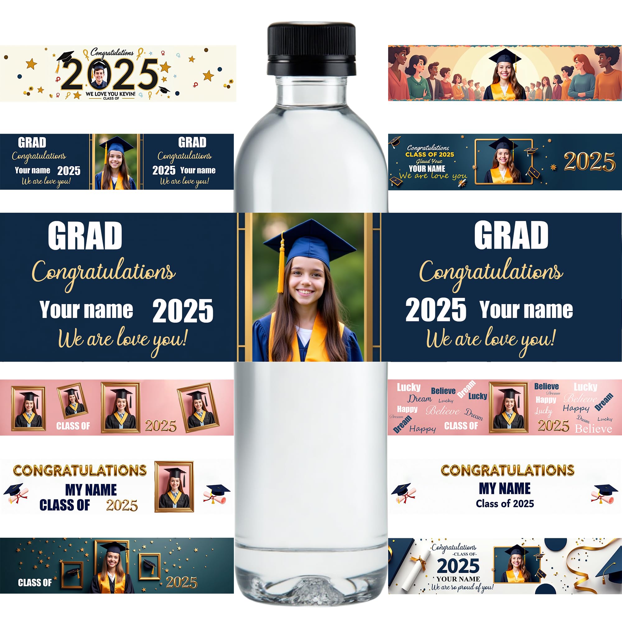 Personalised 'Class of 2025' Water Bottle Labels - Custom Photo & Name Stickers for Graduation | Waterproof Wrappers for Grad Party Favors, Senior Gifts & School Events
