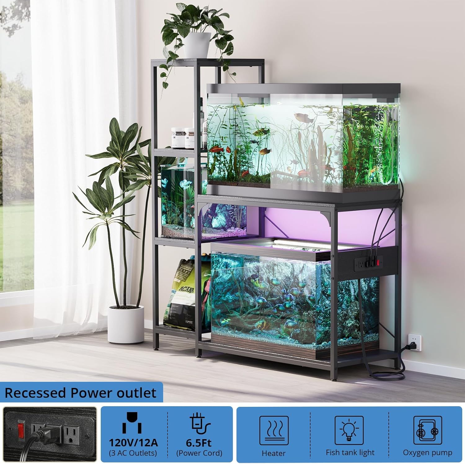 VOWNER 20-29 Gallon Fish Tank Stand with Power Outlet, Wood Aquarium Stand with Shelves for Fish Tank Accessories Storage, Heavy Duty Metal Frame, Turtle Reptile Terrarium Stand, Load 500lb, Black