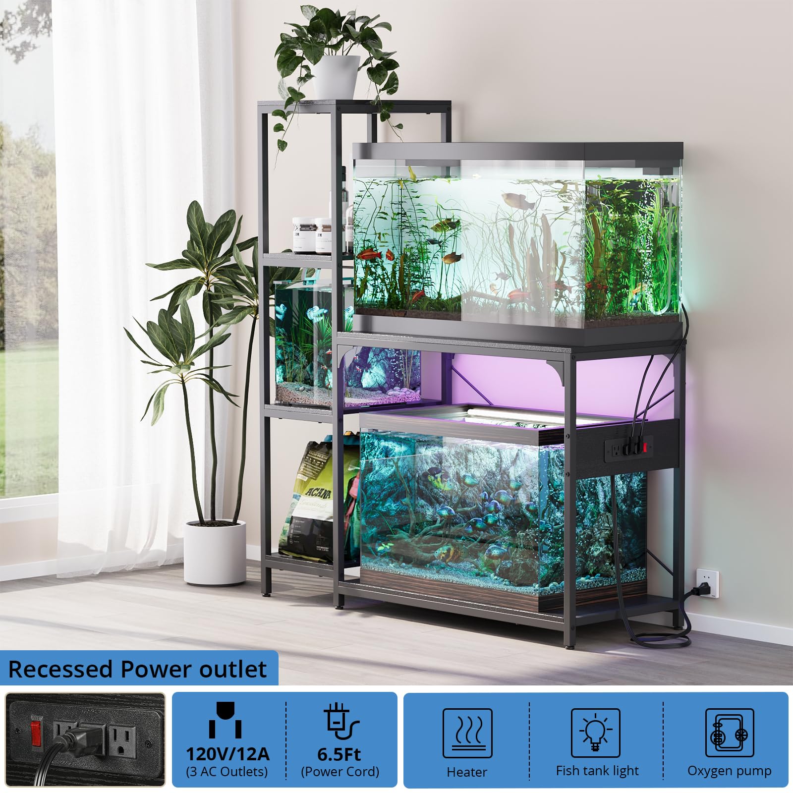 VOWNER Soporte para pecera de 20-29 galones con toma de corriente, soporte de madera para acuario con estantes para almacenamiento de accesorios de pecera, marco de metal resistente, soporte de