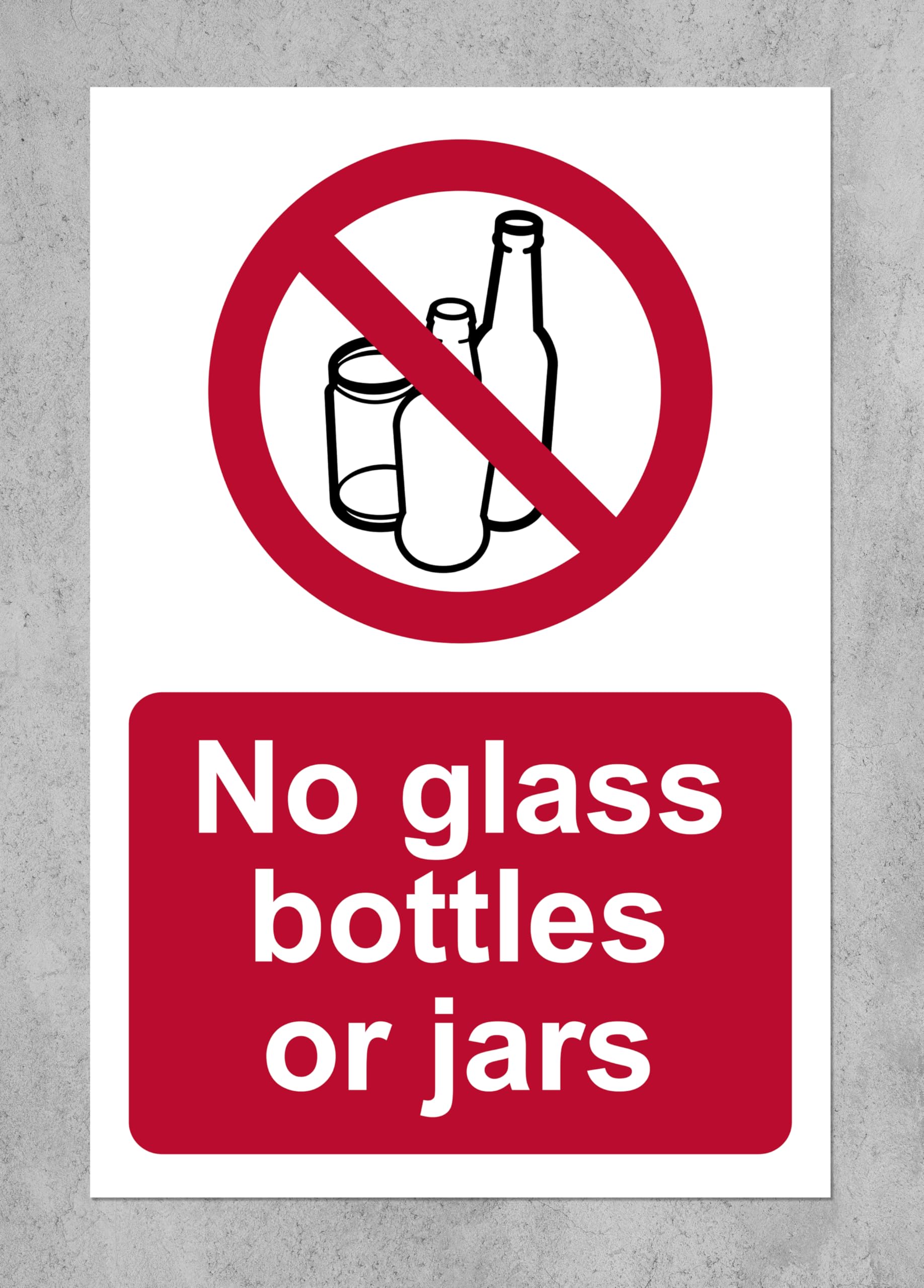 No glass bottles or jars prohibition sign - Self adhesive sticker (400mm x 300mm)