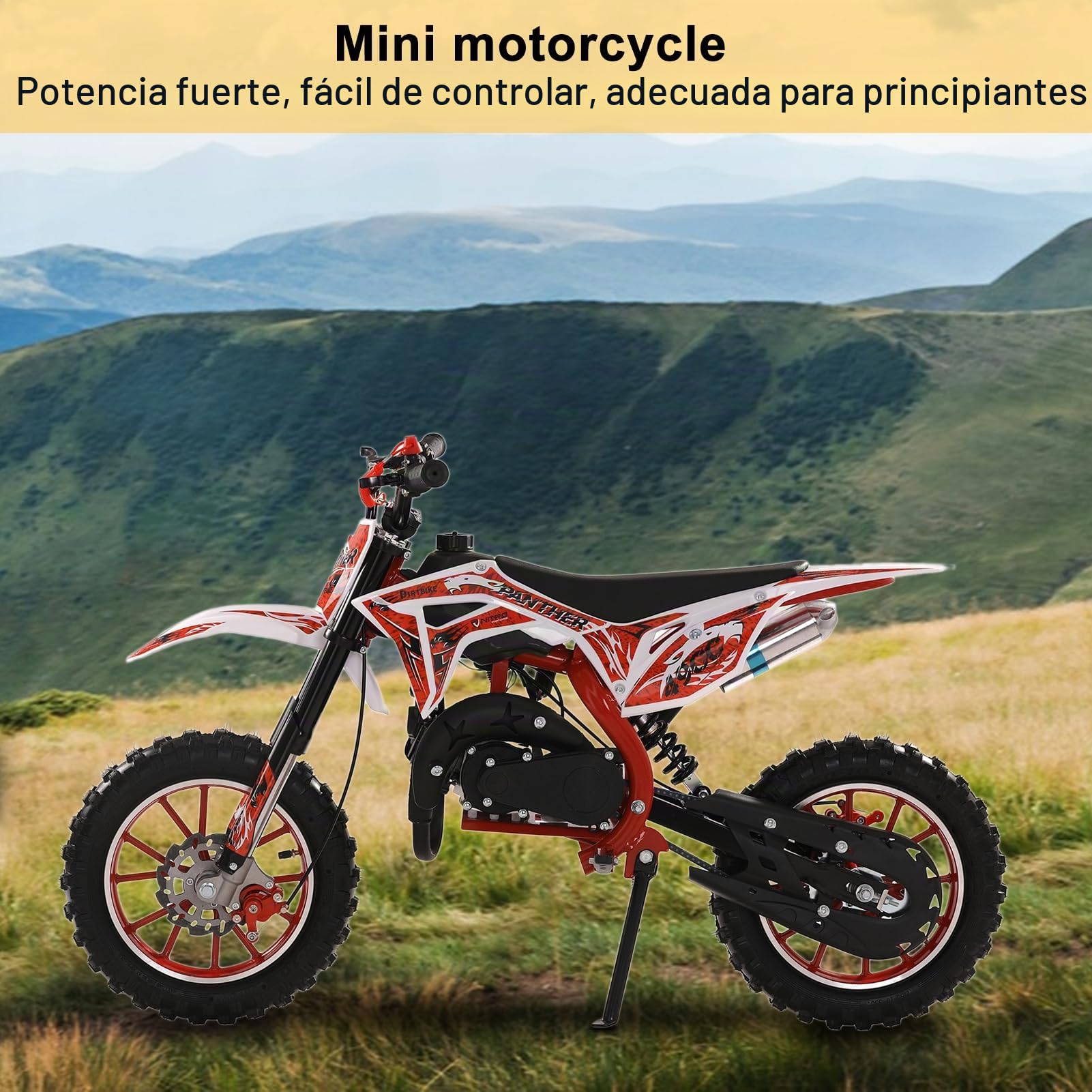 Mini moto de cross de 50 cc, de gasolina, 2 tiempos, para niños de 8 a 14 años, con neumáticos todo terreno, resortes de absorción de impactos, asiento suave con frenos de disco delanteros y traseros