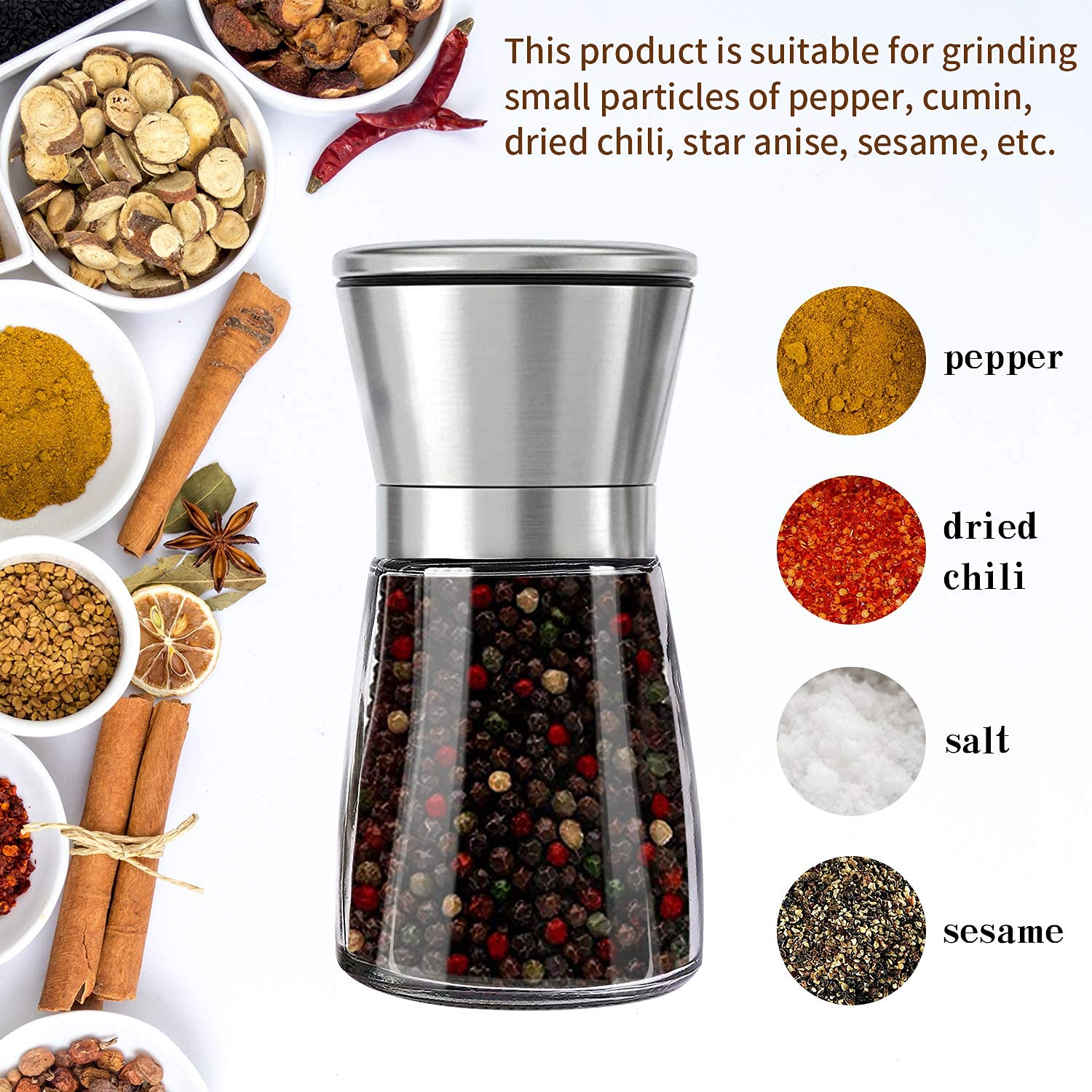 Molinillo de sal y pimienta, coctelera recargable de acero inoxidable cepillado 304, molinillo de sal marina y pimienta de cerámica ajustable, sal de vidrio alta, molino de pimienta y molino de 7