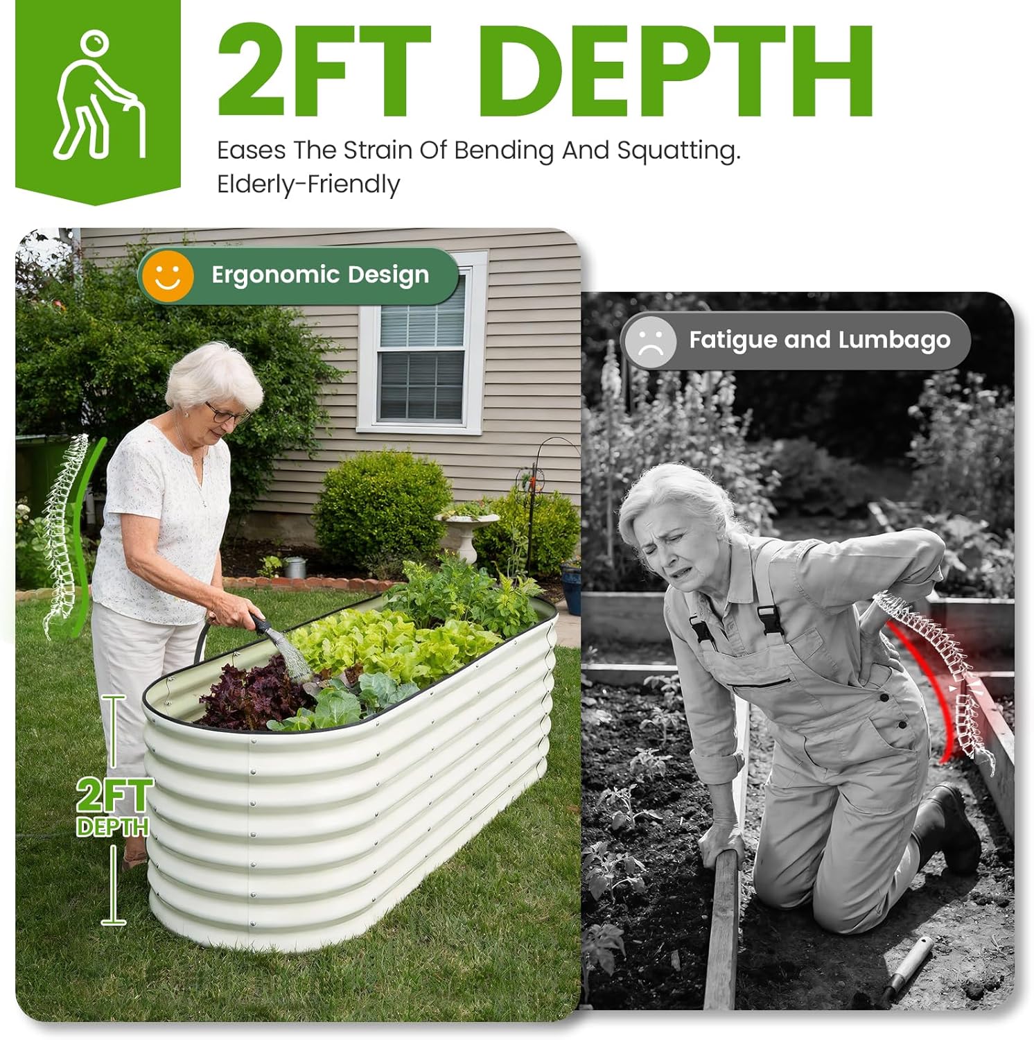 Galvanized Raised Garden Bed Outdoor 24'' Deep | Oval Metal Garden Beds with Easy Assembly & Planter Box for Planting Deep Root Vegetables Fruits Flowers, 6x2x2ft White