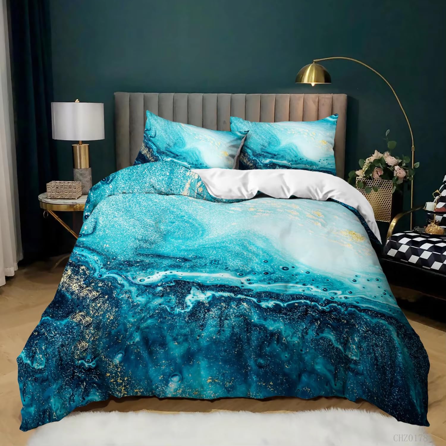 Housse de Couette Marbre Bleu parure de lit anti-poussière entretien facile lit