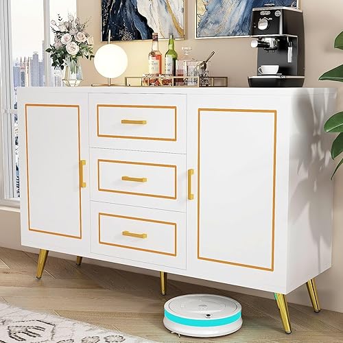 Miniatura 9 de chartustriable Armario moderno de grano de madera con 2 puertas, 3 cajones. Aparador de almacenamiento con patas de metal dorado, estantes