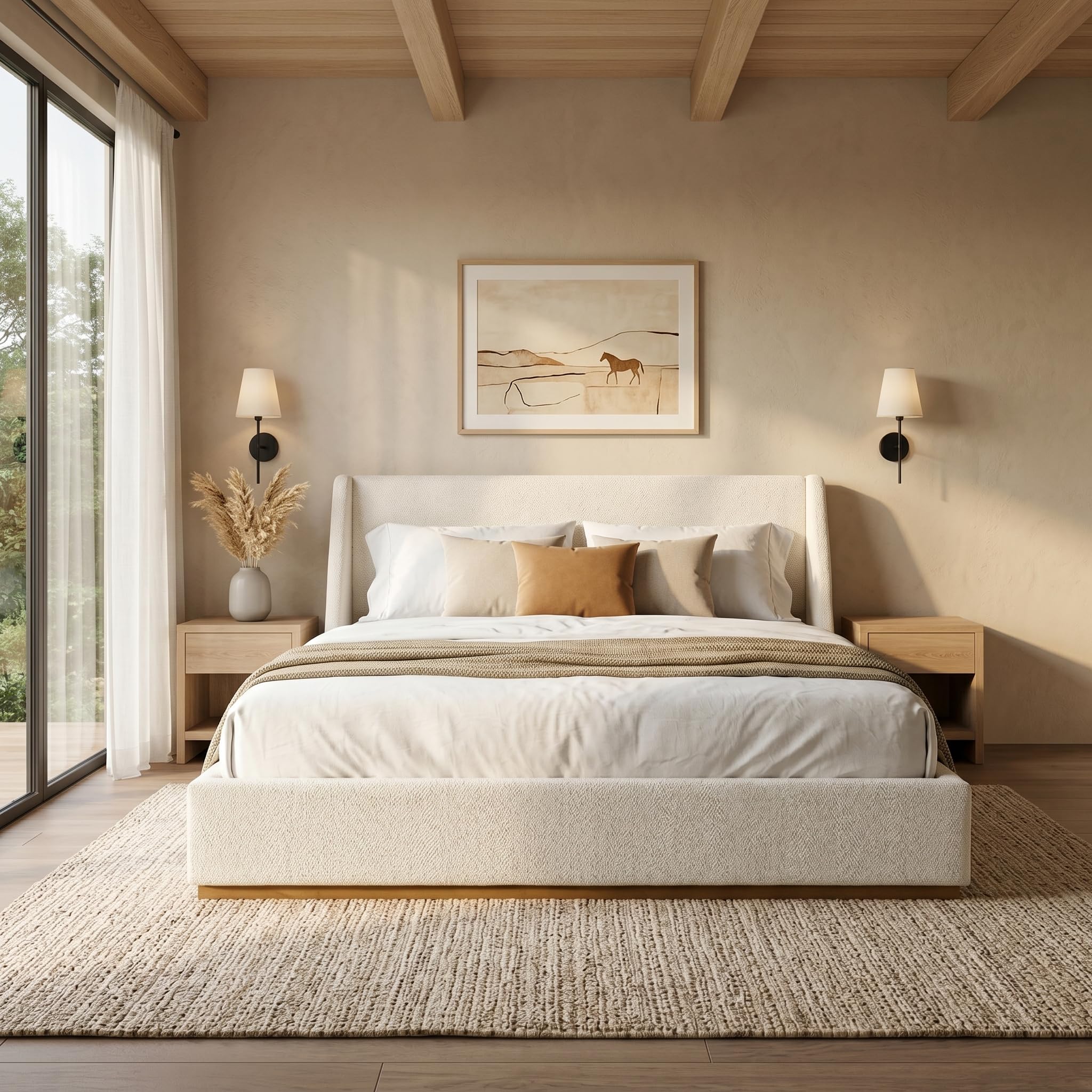 Photo 1 of ***UPDATED 6/7*** Christopher Knight Home Tanya Boucle Upholstered Queen Size Bed Frame with Wingback Headboard, Modern Queen Bed Frame and Headboard, Wooden Slats Support, Easy Assembly, No Box Spring Needed, White