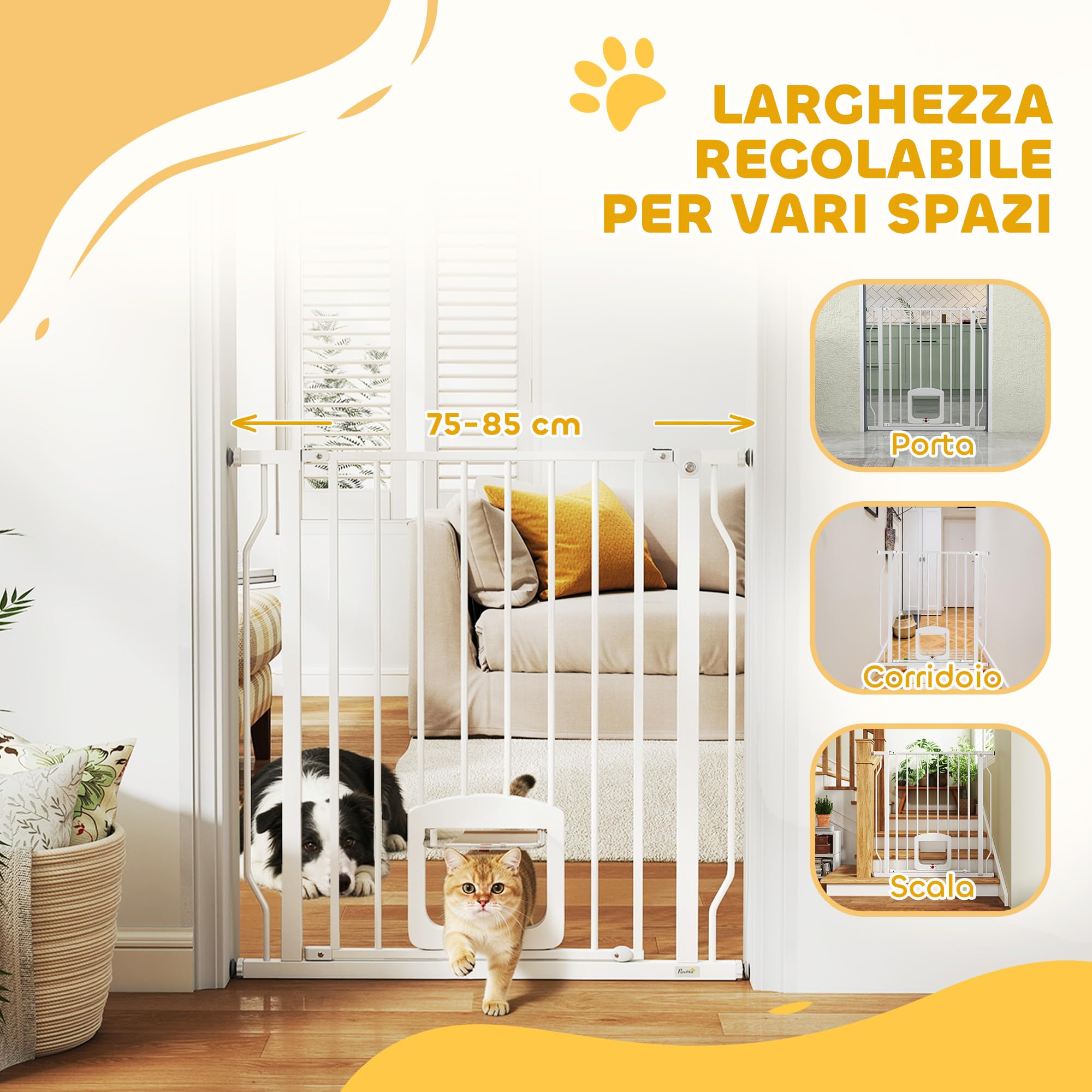 PawHut Cancello per Cani e Gatti Estensibile con Gattaiola Integrata, Cancellino per Cani in Acciaio e ABS, 75-85x2x76 cm, Bianco