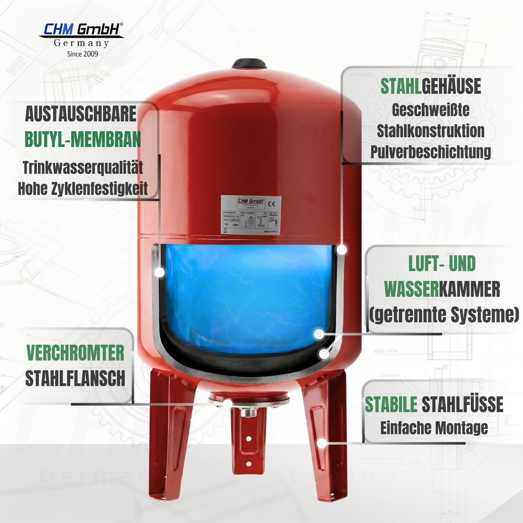 100 L Membrankessel vertikal, Stahltank, Druckkessel max.10 Bar Ausdehungsgefäß