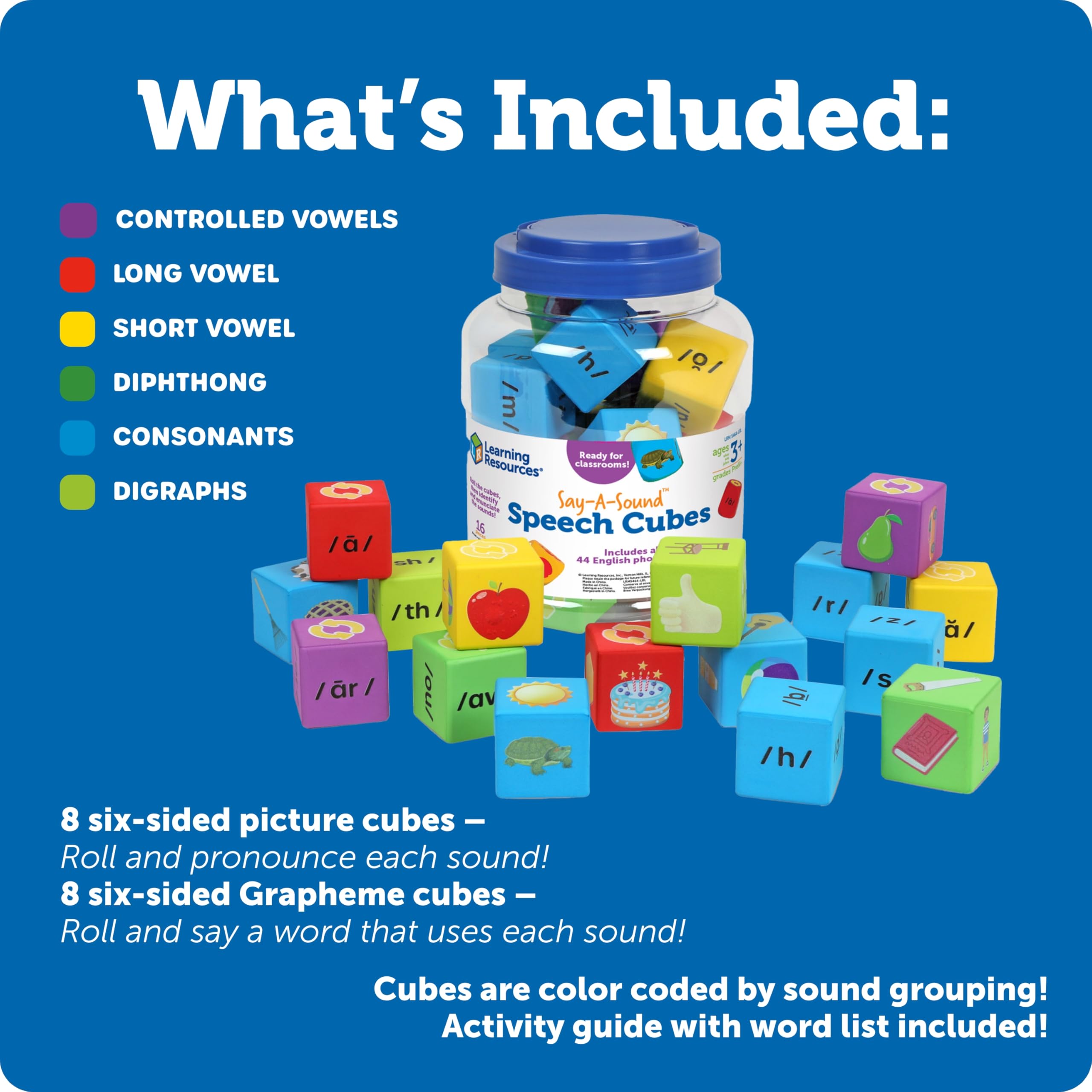 Learning Resources Say-a-Sound™ Sprachwürfel, Lernaktivitäten im Vorschulalter, ABC-Lernkarten, Sprachtherapie-Spielzeug, Geschenke für Kinder, ab 3 Jahren, 16 Stück
