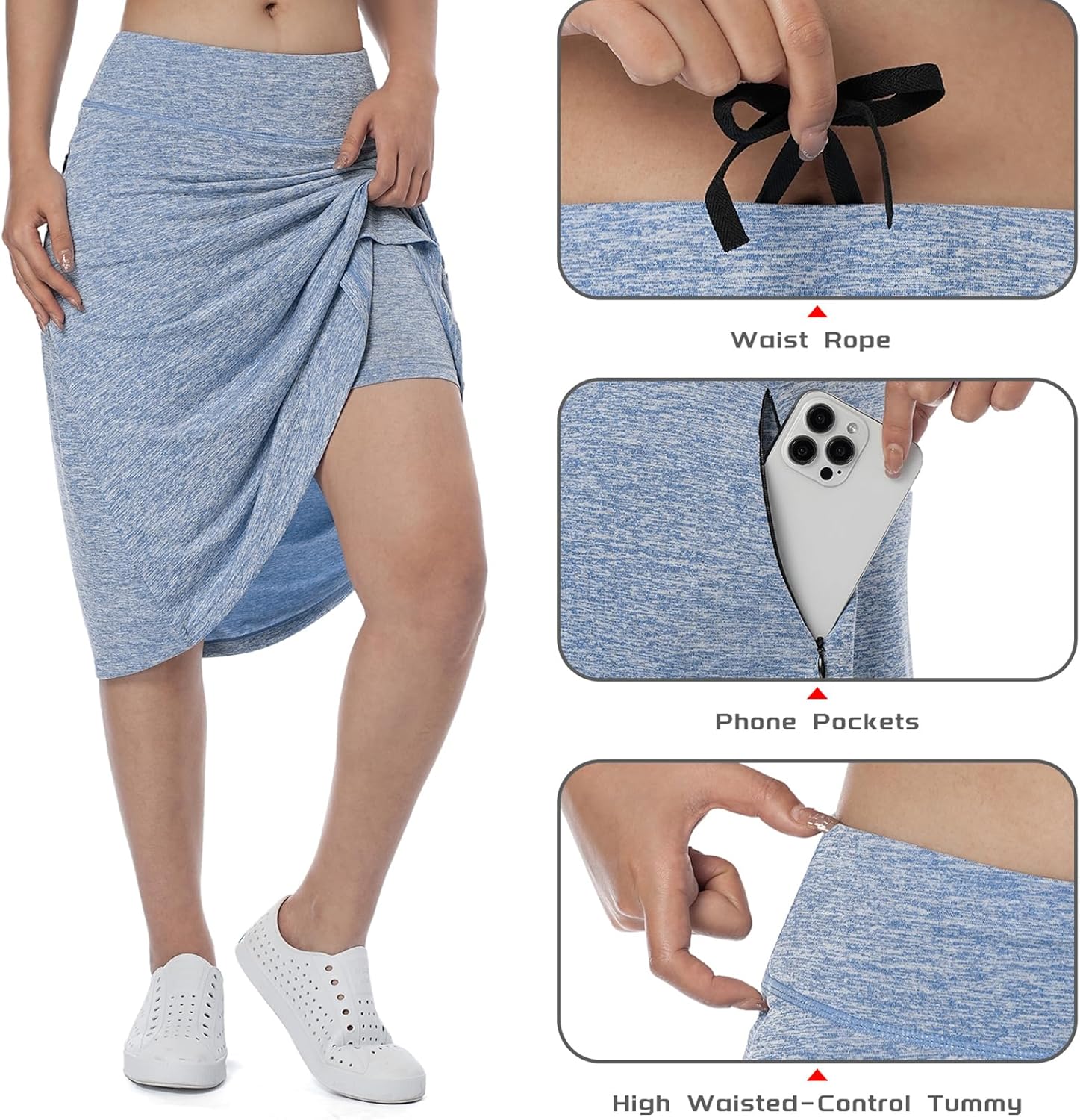 Women Midi Knee Length Skorts Skirts with Zipper Pockets,26" Long Swim Skorts with Underneath
