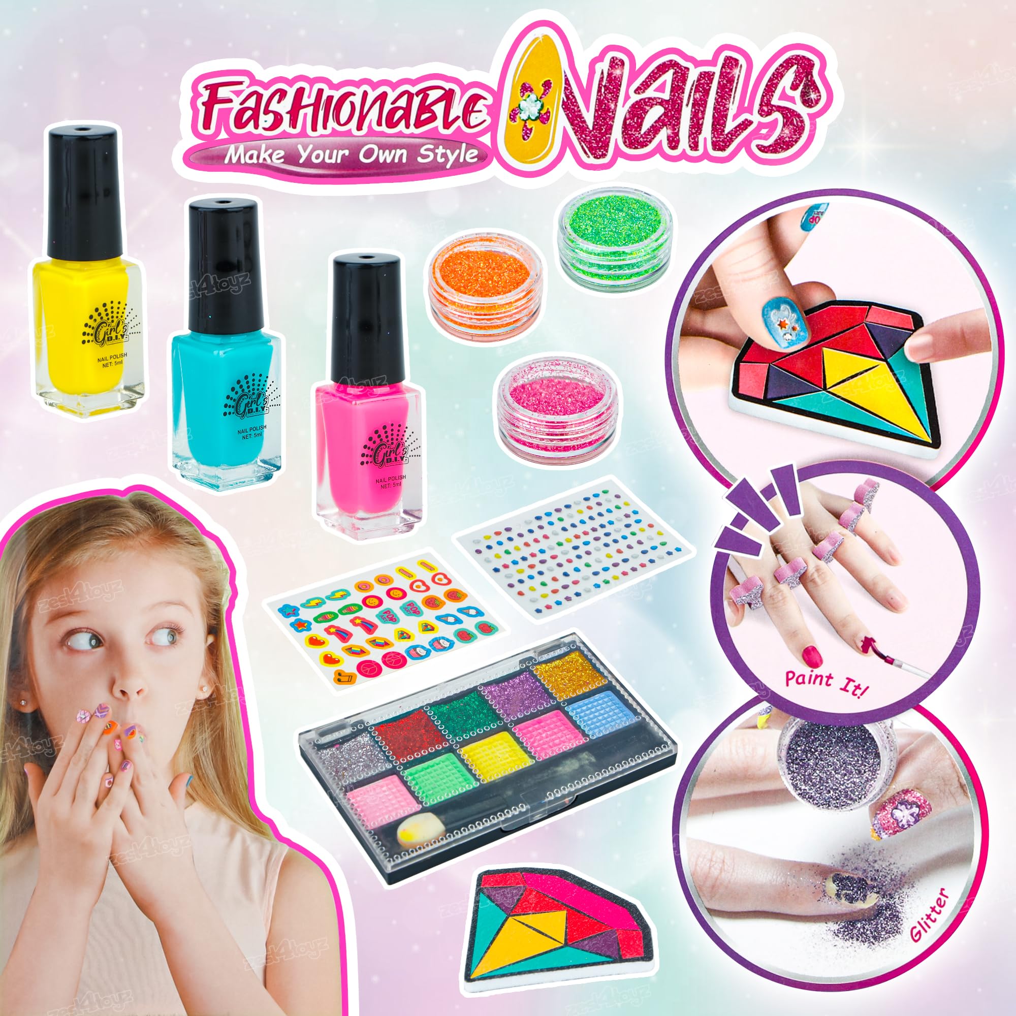Zest 4 Toyz Nail Art Kit for Girls 6- 12 Nail Polish Make up Kit for Kids Makeup Set for Girls Beauty Set Non Toxic Washable Pretend Play Makeup Toy Birthday Gifts for Kids 3+ 3