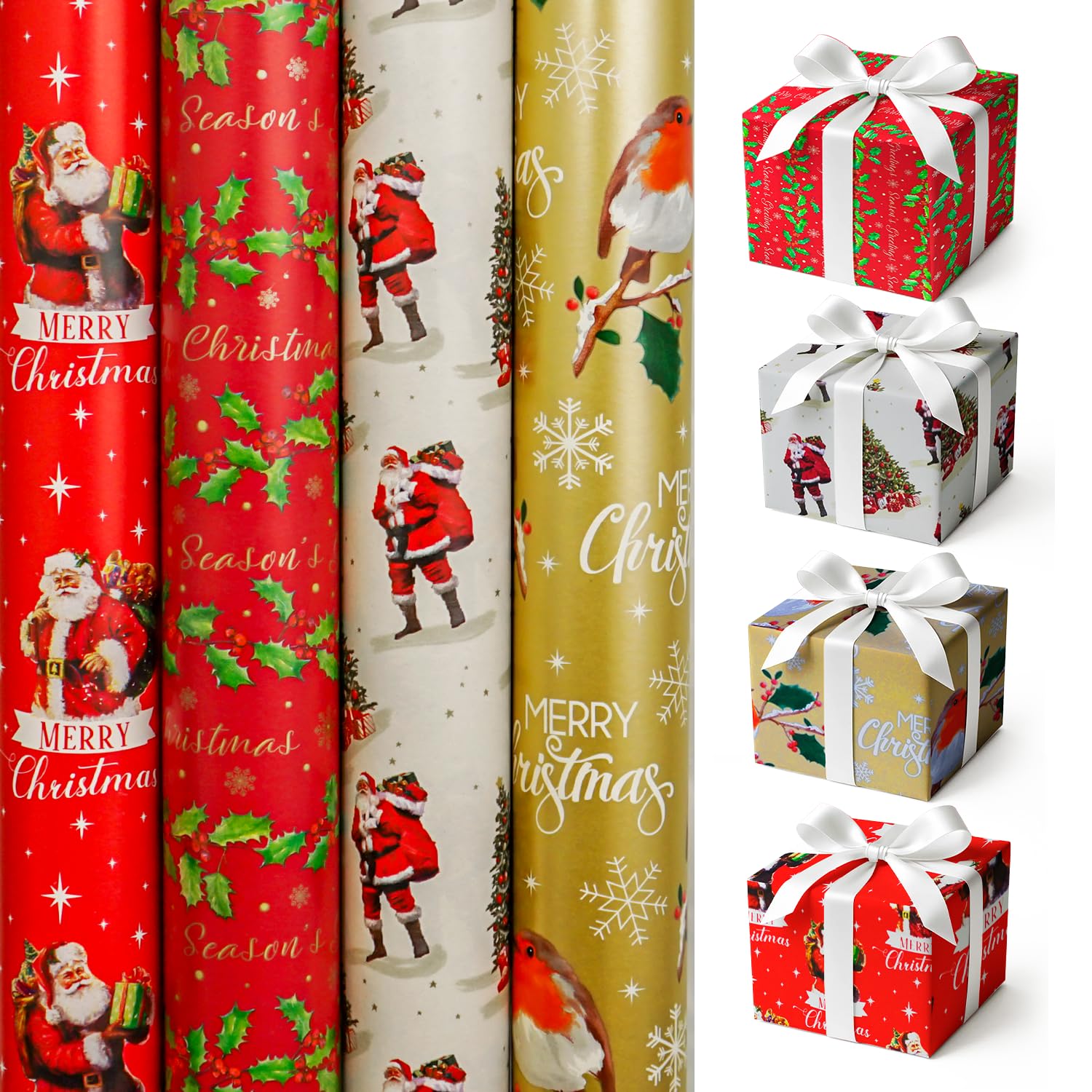 Christmas Wrapping Paper Rolls Traditional Pack of 4 x 7M - Perfect for Christmas Gifts Wrap, Birthday Party, Festival or Wedding Decoration, etc — image 1