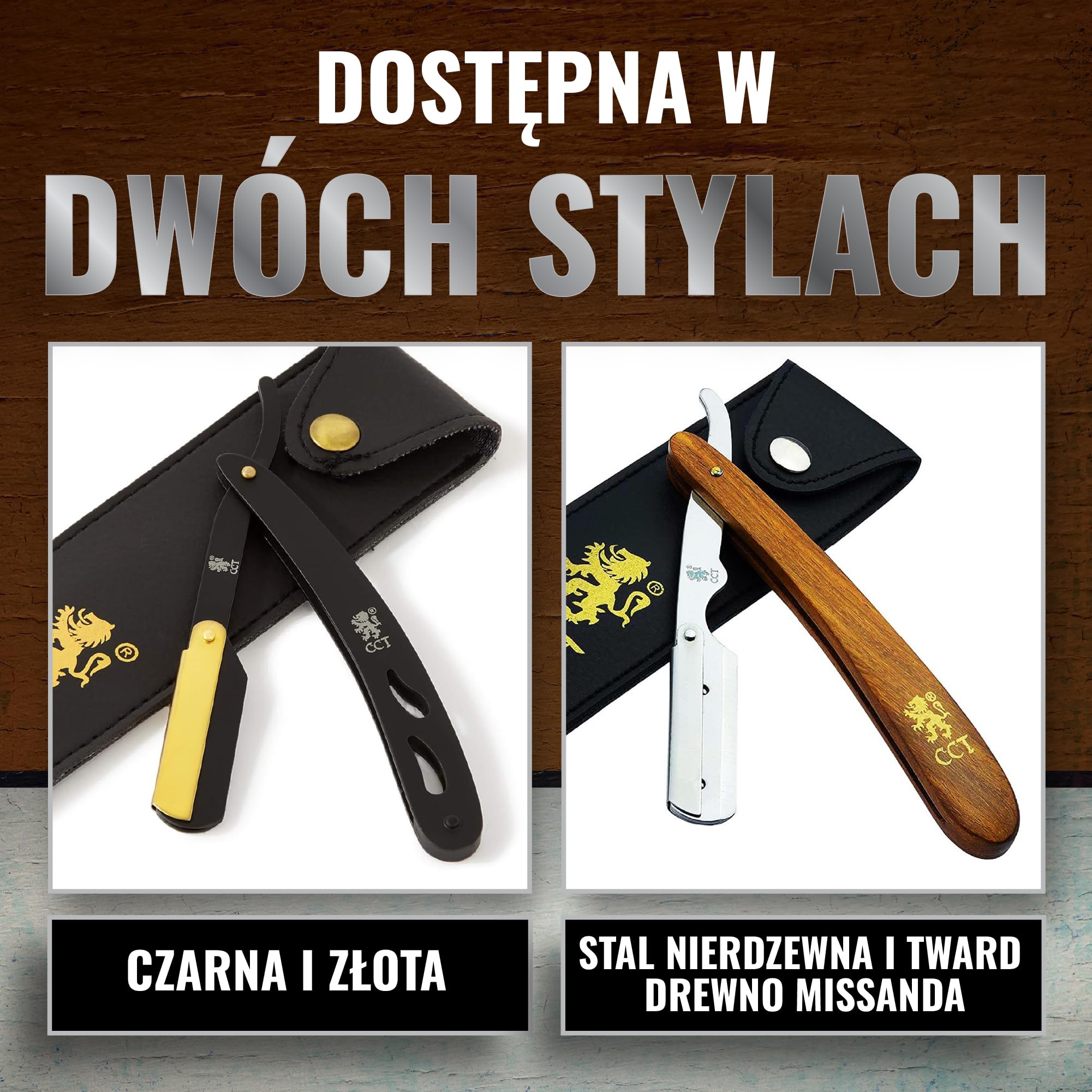 Profesjonalny zestaw brzytwy The Cambridge Cutthroat® Missanda z Drewna i Stali Nierdzewnej, brzytwa z pojedynczym ostrzem premium, do stylizacji wąsów i brody, z etui podróżnym