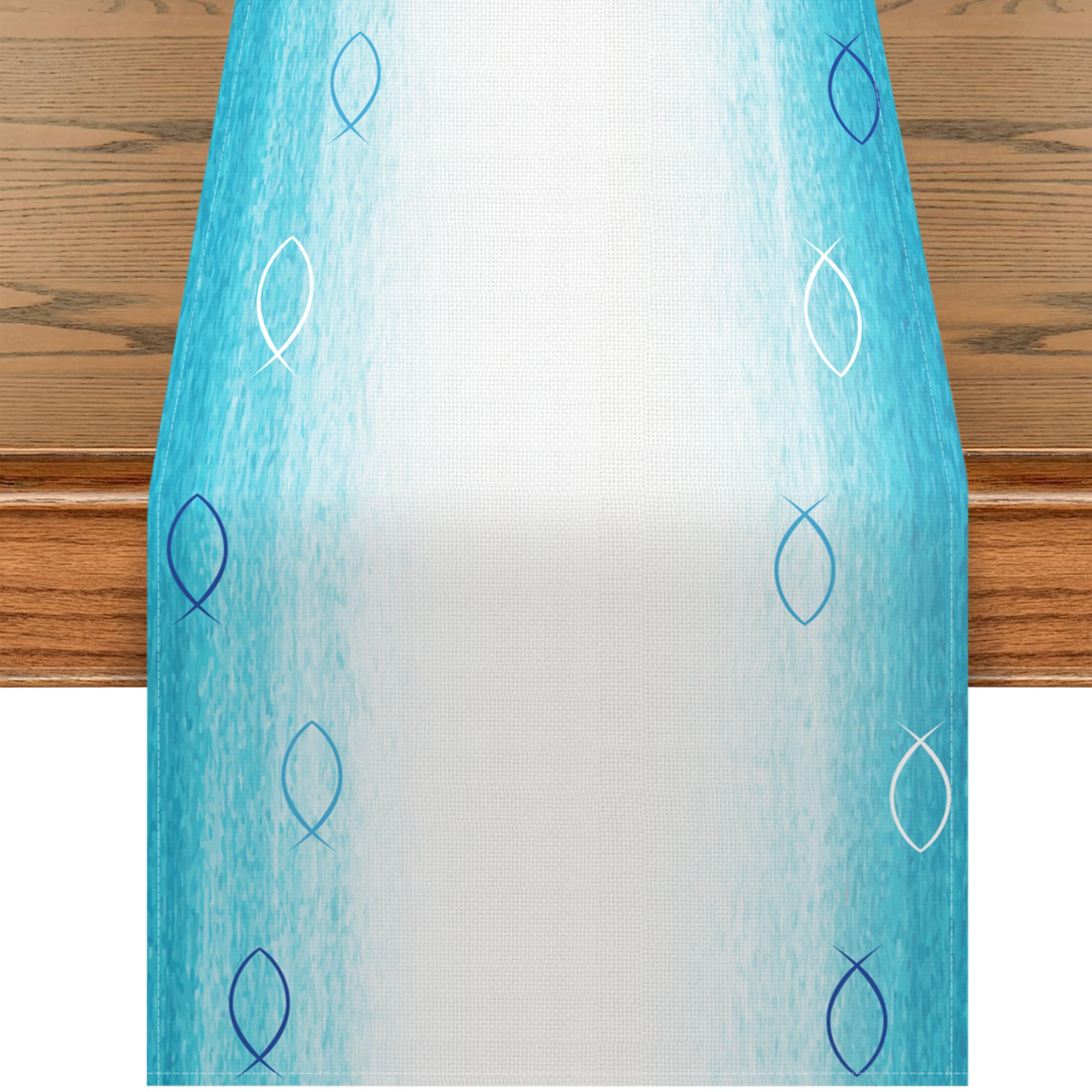 Baptism Table Runner First Holy Communion Decoration For Baby Shower, Baptism Tablecloth Linen, Table Covers for First Communion Baptism Children’s Parties (Bleu Fish, 40x 140 cm)