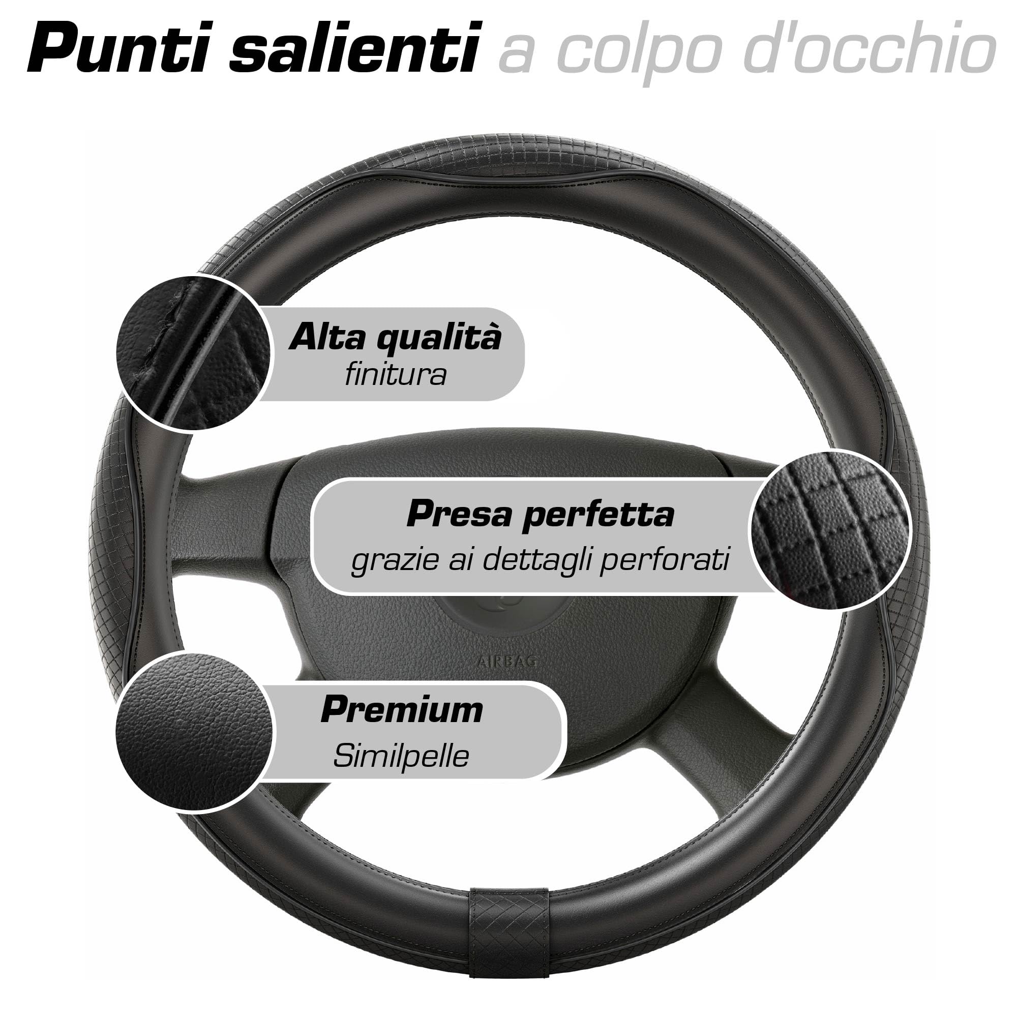 Upgrade4cars Coprivolante Auto Universale Nero in Finta Pelle | Copertura di Volante Diametro 37-38 cm | Accessori Auto Interno | Regali per Donna e Uomo