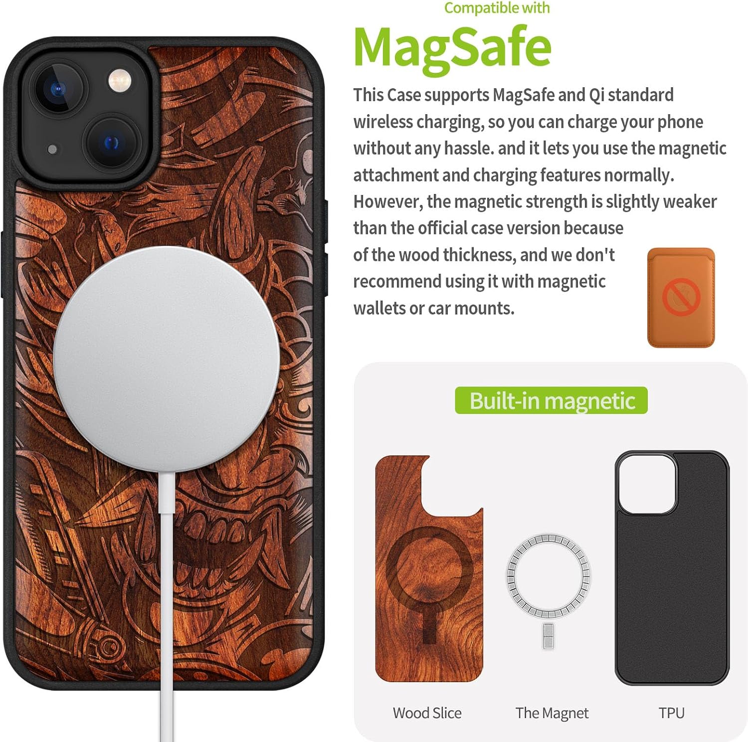 Carveit Magnetic Wood Case for iPhone 14 Plus - Natural Wood & Black Soft TPU - Shockproof Protective Cover - Unique & Classy Wooden Case - Compatible with MagSafe (Devil's Fury -Rosy)