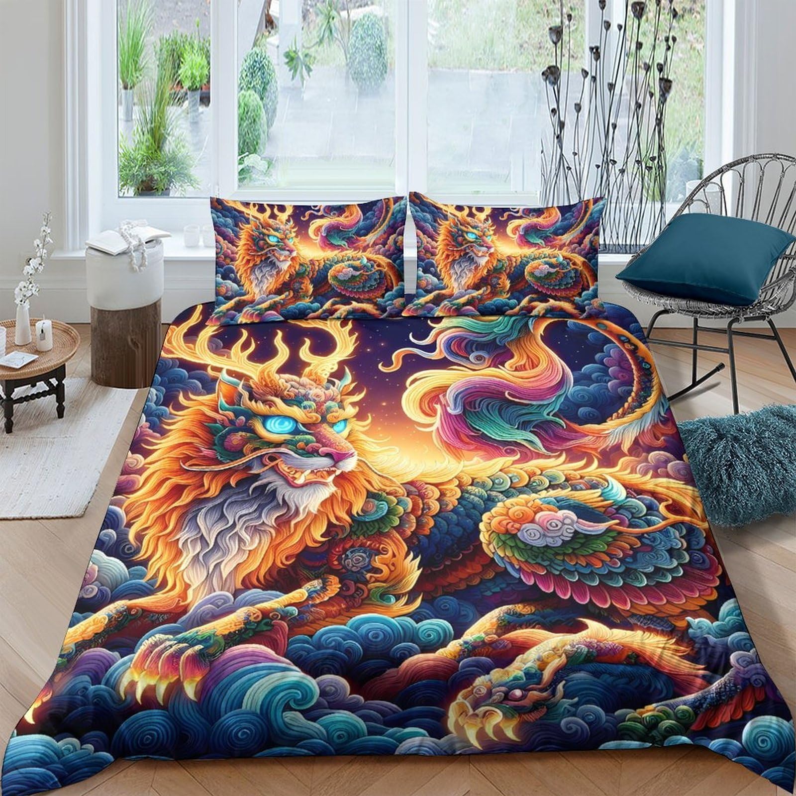 Ctjqhvkz Style-10 3D Printed Fiery Dragon Fitted Sheet Microfiber Vibrant Multicolor Phoenix Bed Cover For Bedroom Dorm Mattress Protection Decor Single（135X200cm）