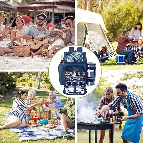 Miniatura 3 de Hap Tim Mochila de pícnic para 4personas con compartimento aislado a prueba de fugas, soporte para vino, manta de forro de vellón y juego de