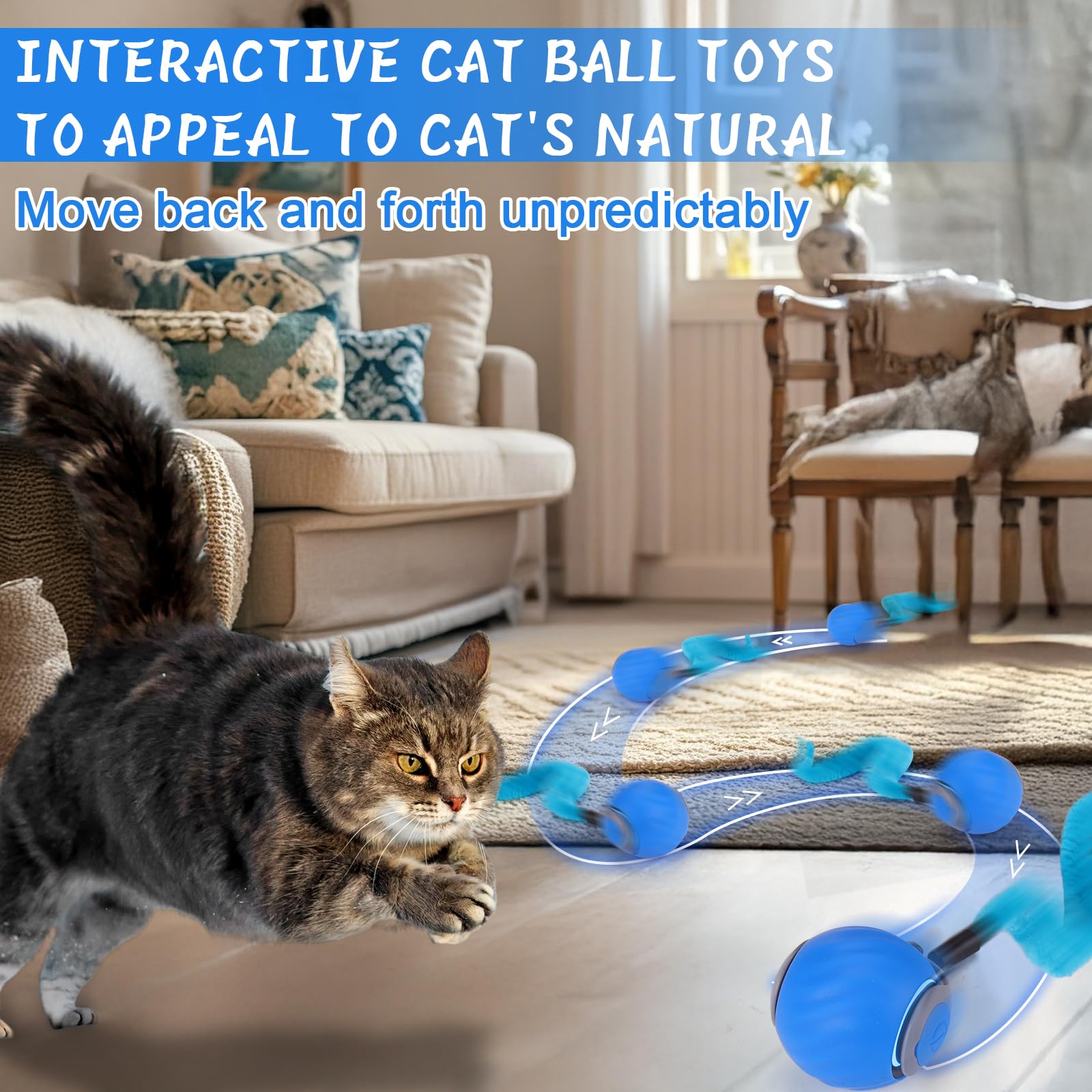 BABORUI Interactive Cat Toy Ball - Automatic Interactive Cat Toys for Indoor Cats with 3 Tails, 2 Speeds Rechargeable Cat Enrichment Toys for Small/Medium/Large Cats to Keep Them Busy(Blue) - image 2