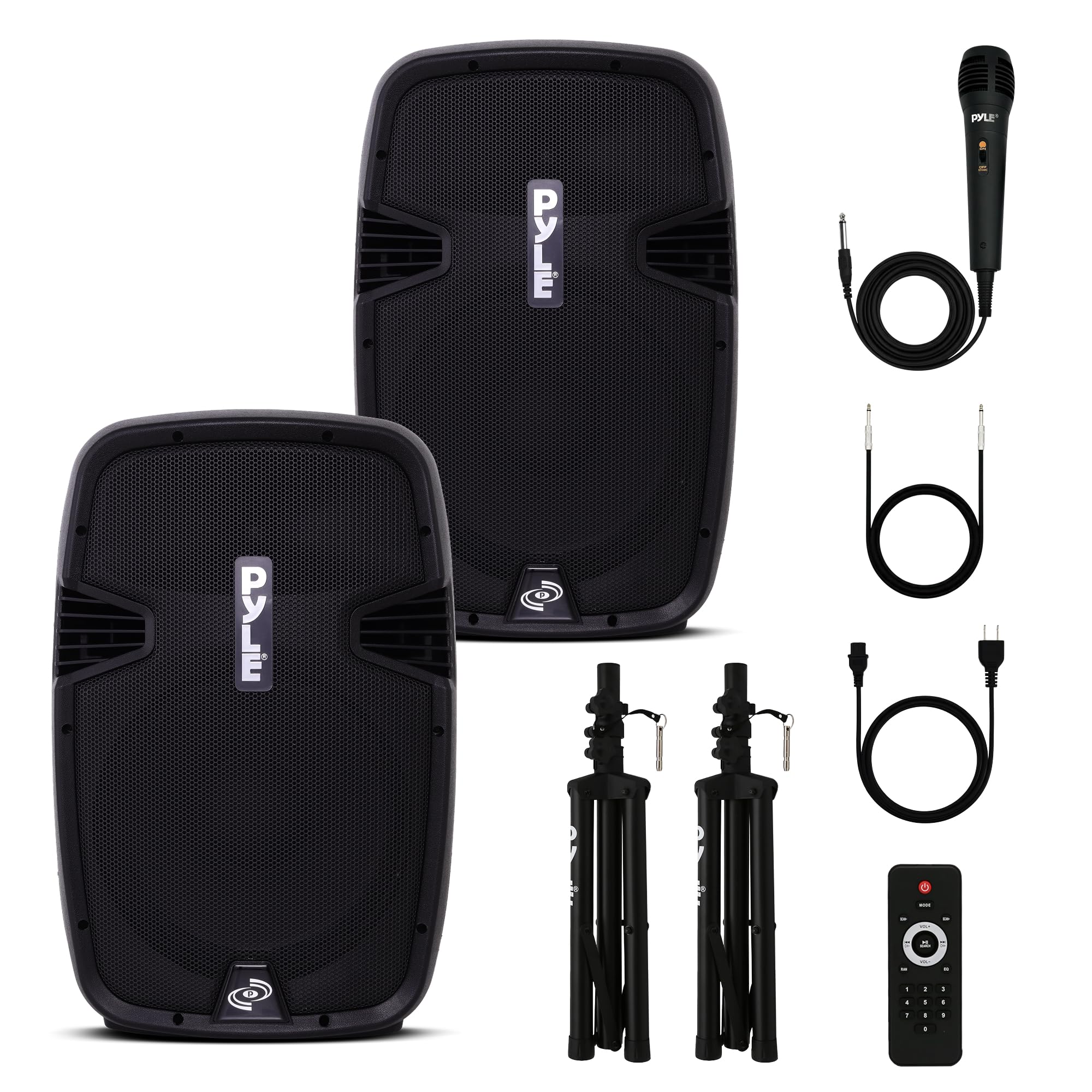 Pyle Wireless Portable PA System Kit - 1800W Peak, Bluetooth Compatible, Active + Passive Pair For Indoor / Outdoor Sound, Multiple Inputs-USB SD AUX XLR RCA, Comes With 2 Stands, Wired Mic, Remote