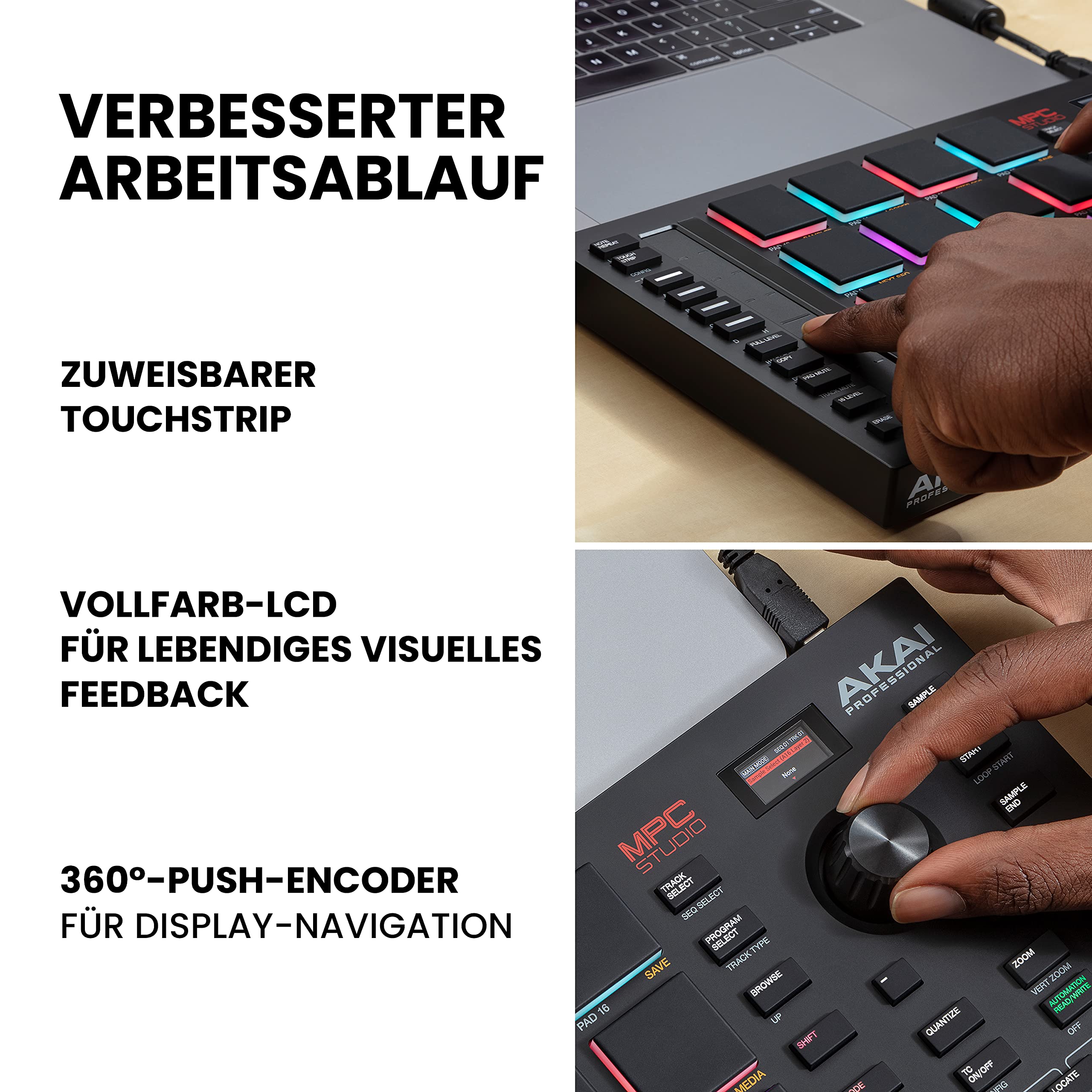 Akai Professional MPC Studio - MIDI Controller Beat Maker mit 16 anschlagdynamischen RGB Pads, MPC Software, zuweisbarem Touch Strip und LCD Display