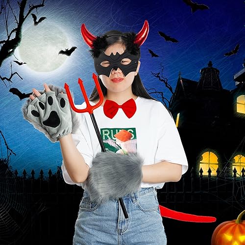 Miniatura 6 de Conjunto de disfraz de diablo de Halloween, diadema de cuerno de diablo rojo, cola de diablo, horca de diablo, pajarita, moño demonio, cosplay,