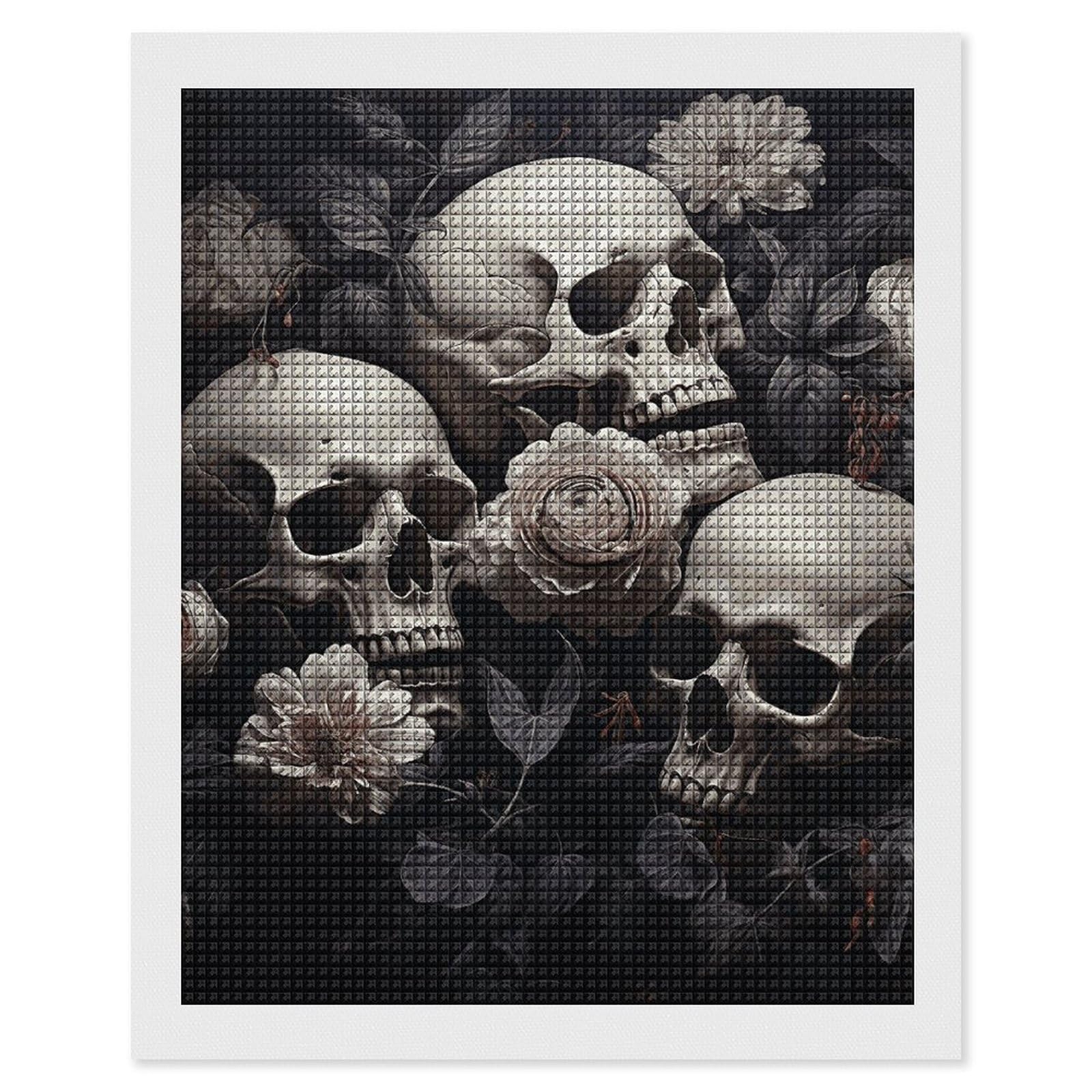 Black And White Flowers And Skull Diamond Art Kits for Adults, DIY 5D Diamonds Painting Kits for Beginner, Round Full Drill Diamond Dots Painting, 16"x20" Diamonds Pictures Gem Art And Crafts Wall Dec