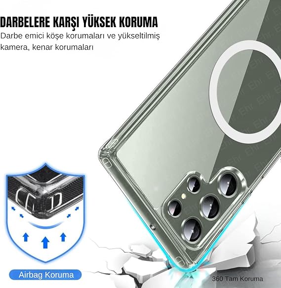 Ehr. Samsung Galaxy S24 Ultra Uyumlu Kamera Korumalı Magsafe Wireless Şarj Özellikli Sert Sararmaz Kristal Şeffaf Kılıf (Şeffaf, Samsung Galaxy S24 Ultra)