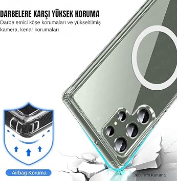 Ehr. Samsung Galaxy S24 Ultra Uyumlu Kamera Korumalı Magsafe Wireless Şarj Özellikli Sert Sararmaz Kristal Şeffaf Kılıf (Şeffaf, Samsung Galaxy S24 Ultra)