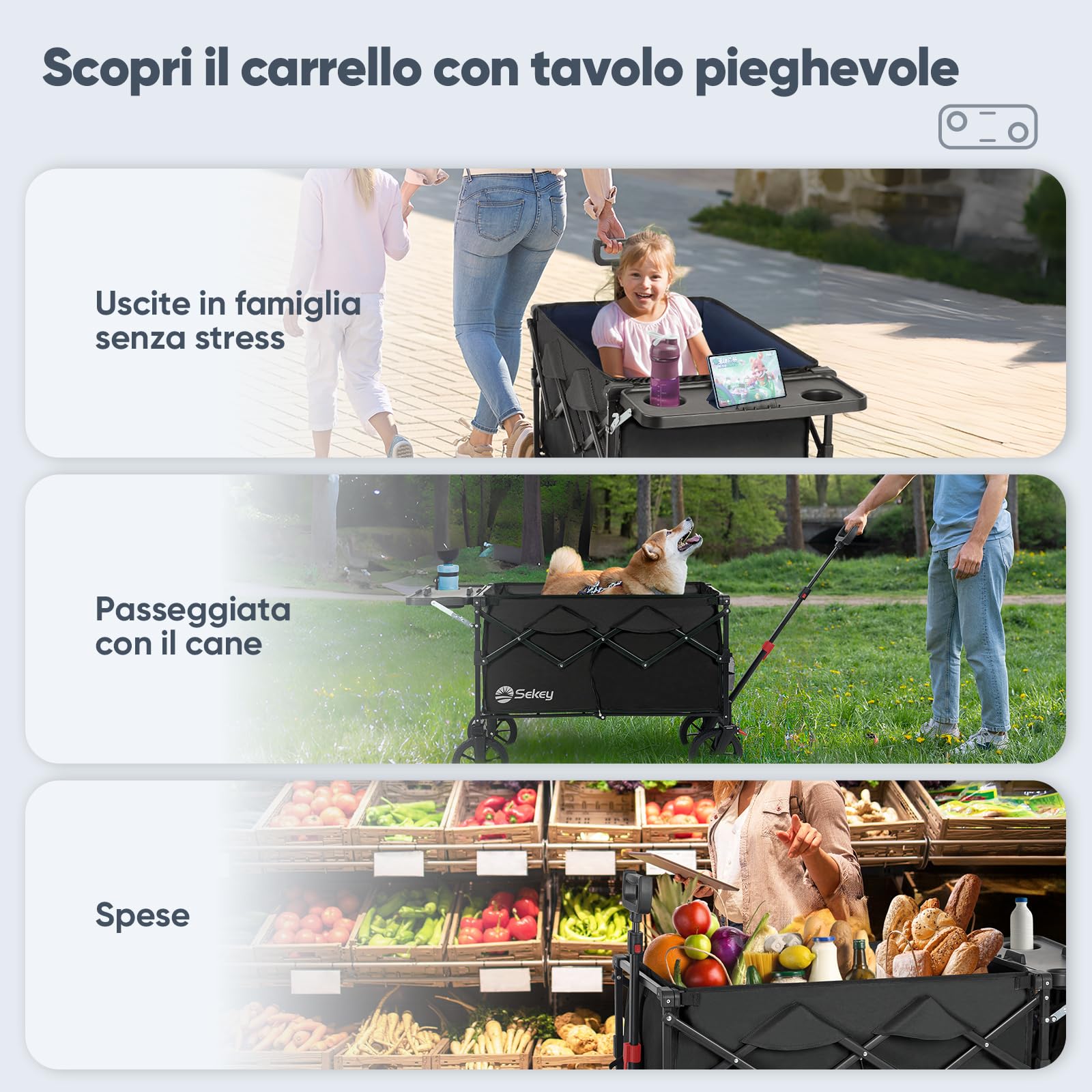 Sekey XXL Mobi 3012 - Carretto pieghevole con piano di appoggio apribile, 150 l, 150 kg, colore: Nero