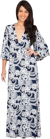 KOH KOH Womens Long Kimono Sleeves V-Neck Floral Print Flowy Summer Maxi Dress