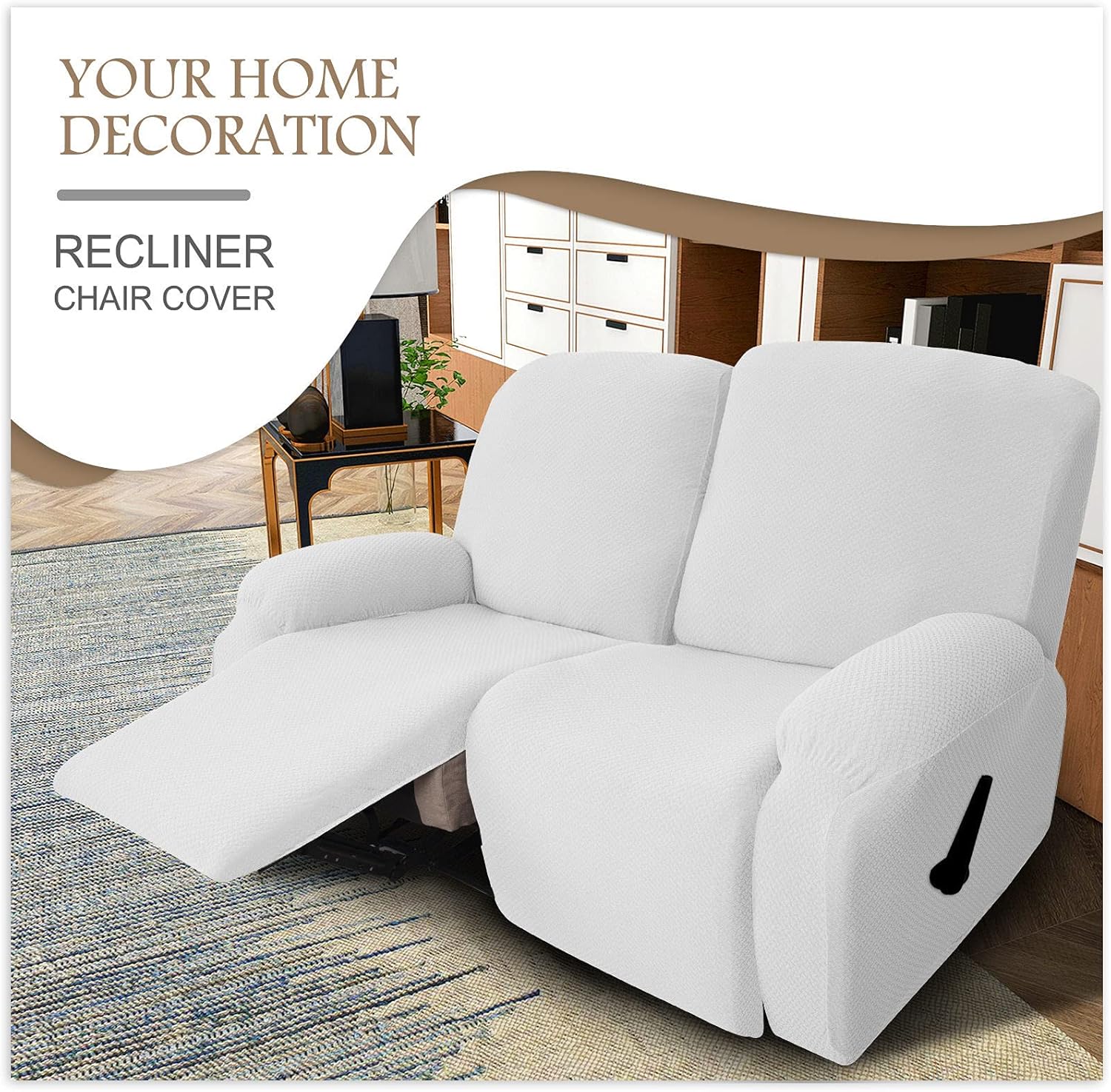 Jacquard Stretch Recliner Cover, Furniture Protector Cover 6-Piece Recliner Chair Cover with Side Pocket Recliner SlipCovers for Living Room Pet-White-2 Seater