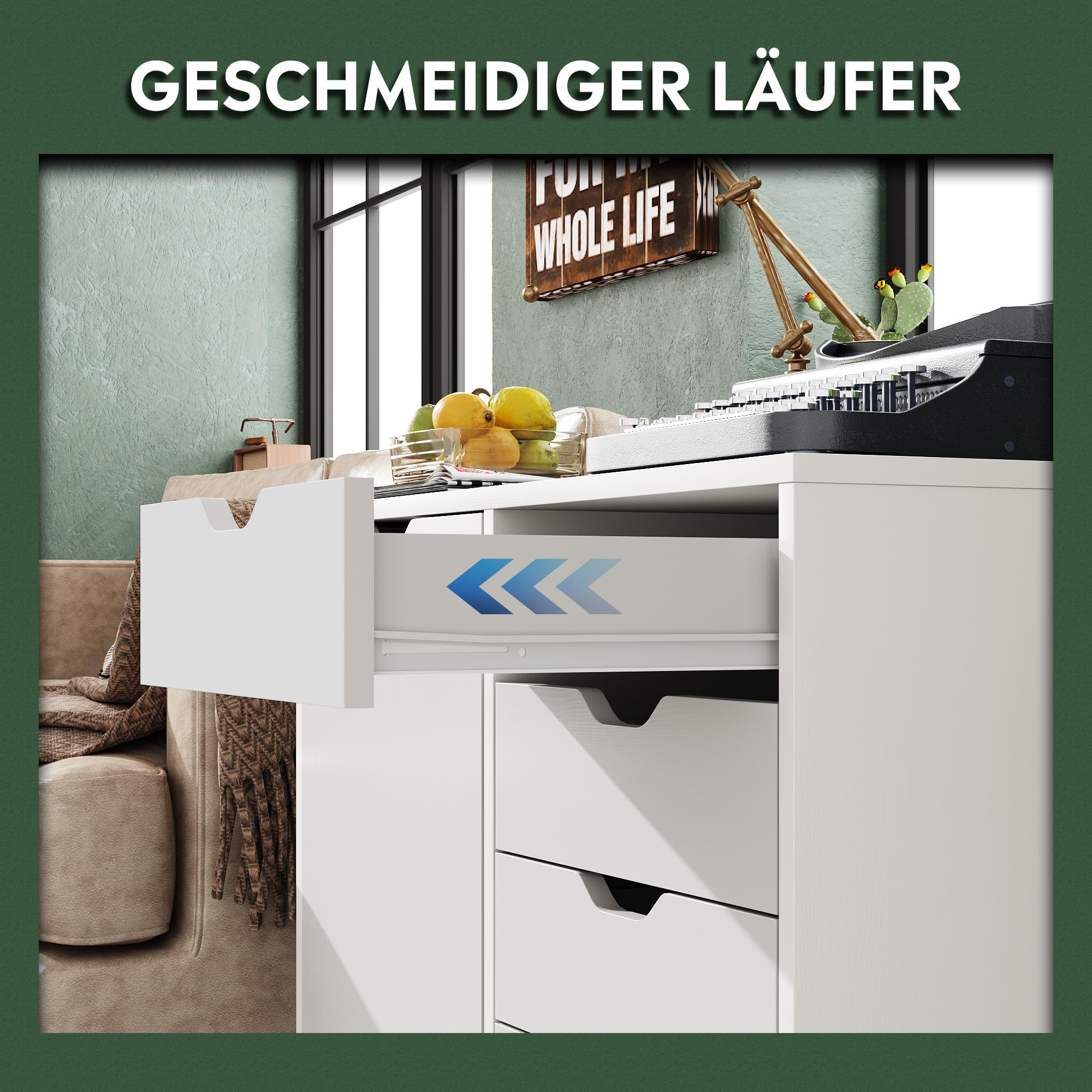 DEVAISE Rollcontainer mit 5 Schubladen und Schrankfach, Mobiler Aktenschrank mit Rollen, Schreibtischunterschrank mit Stauraum für Büro und Home Office, Weiß