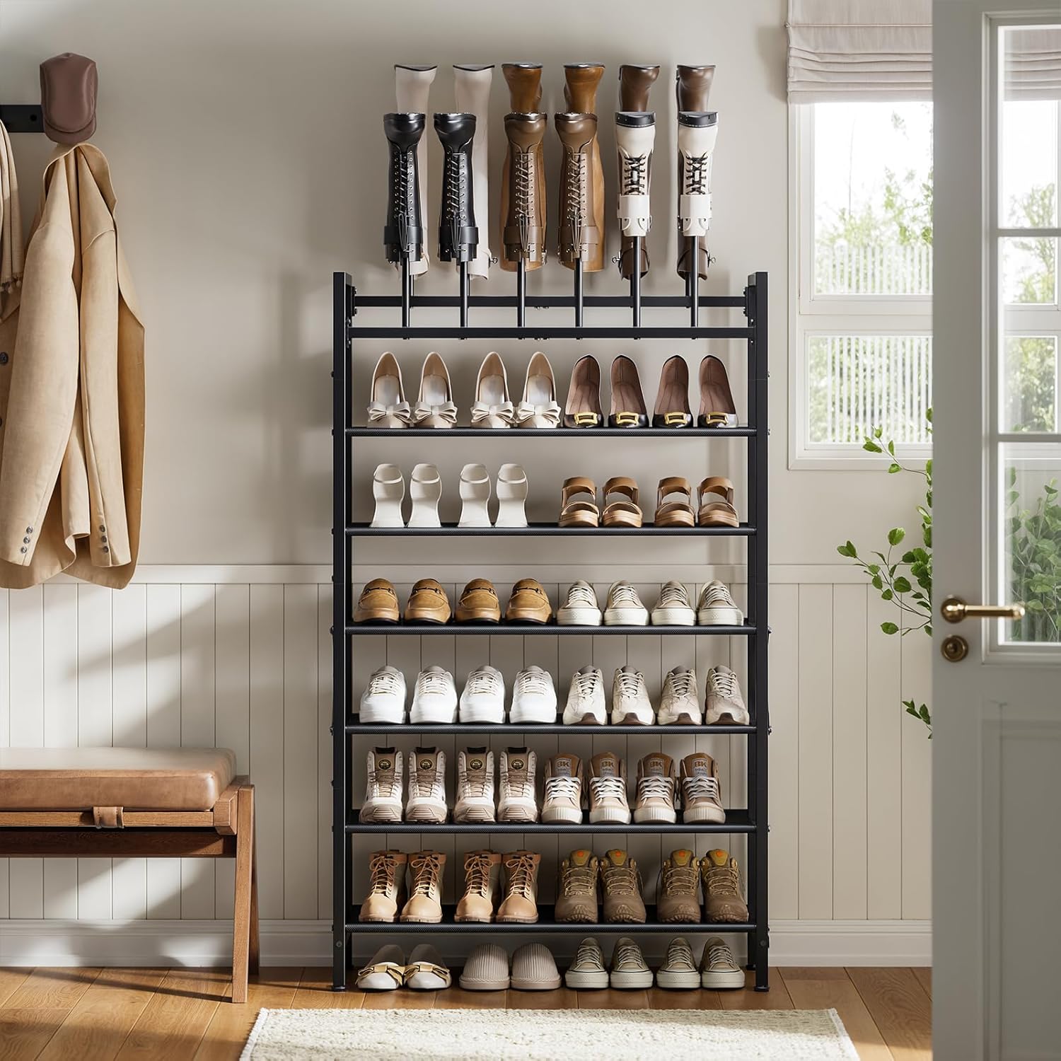 Free Standing Shoe Racks, 8-Tier Boot Rack Organizer for Tall Boots, Sneakers, High-Heel, Black Metal Shoe Storage for Dorm Room, Closet, Entryway, Hallway, Black, Holds 6 Pairs