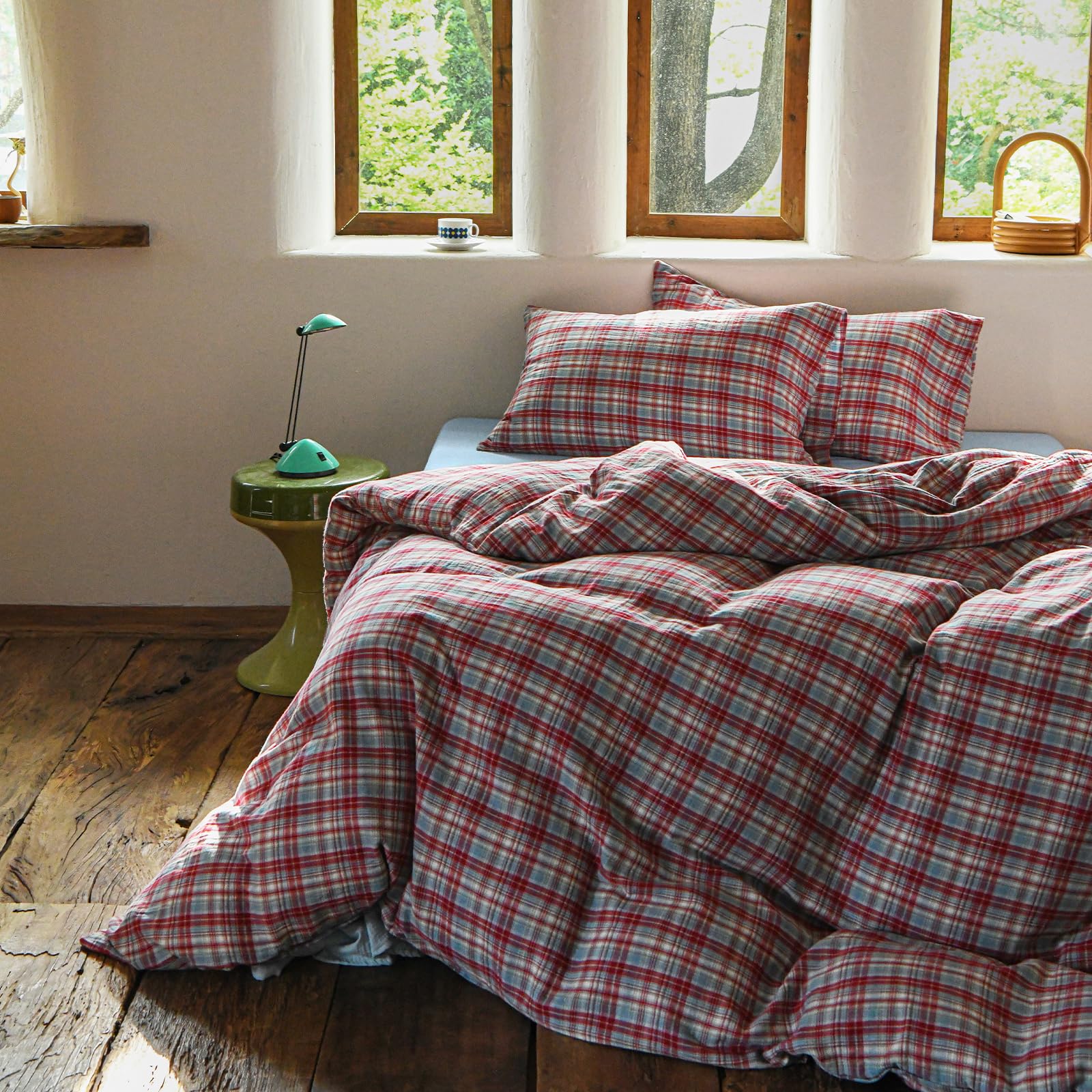 EAVD Vintage Gingham Plaid Duvet Cover King Red&amp;Blue Grid Plaid Pattern