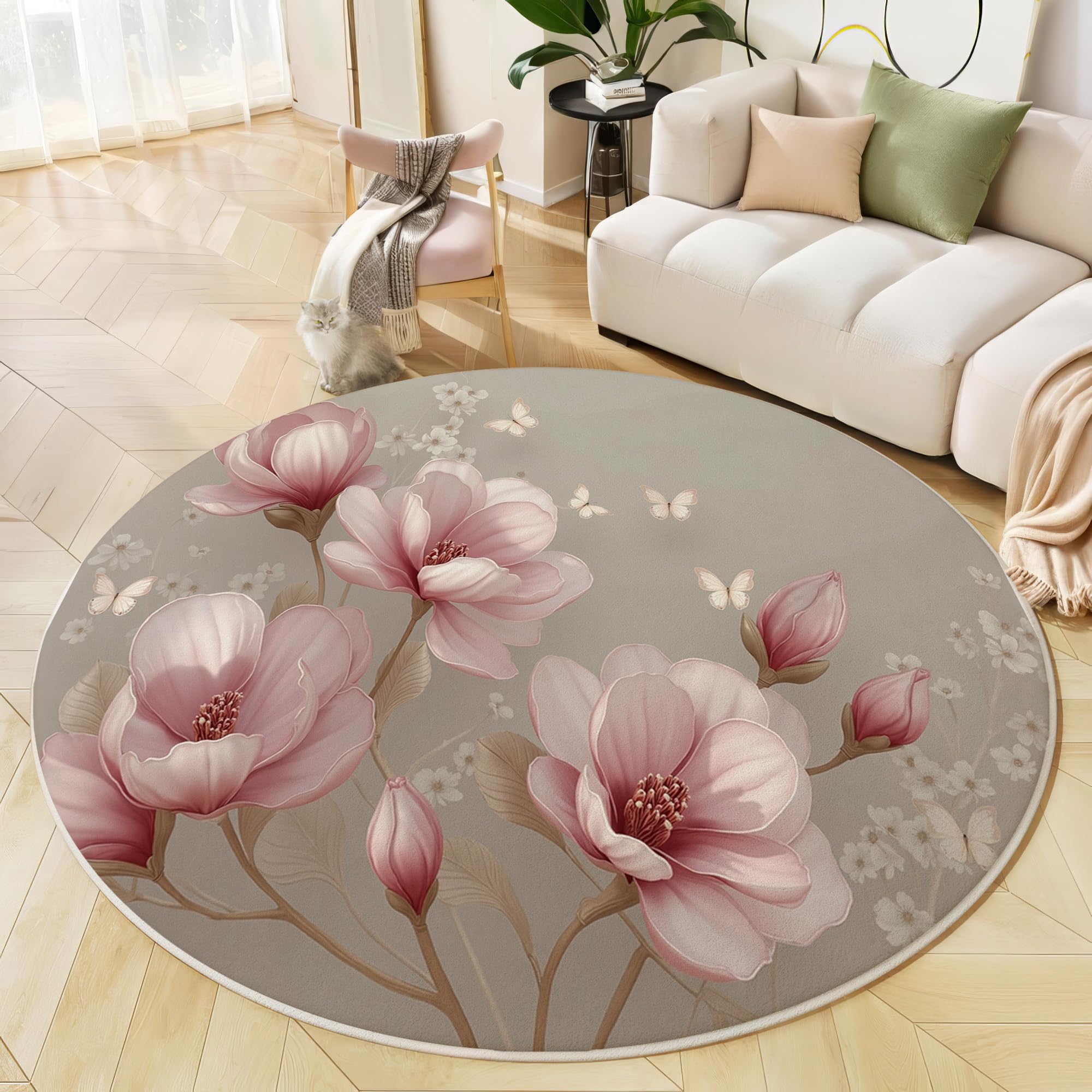 Tapis rond doux antidérapant lavable pour chambre - Motif floral rose et papillon 160 cm