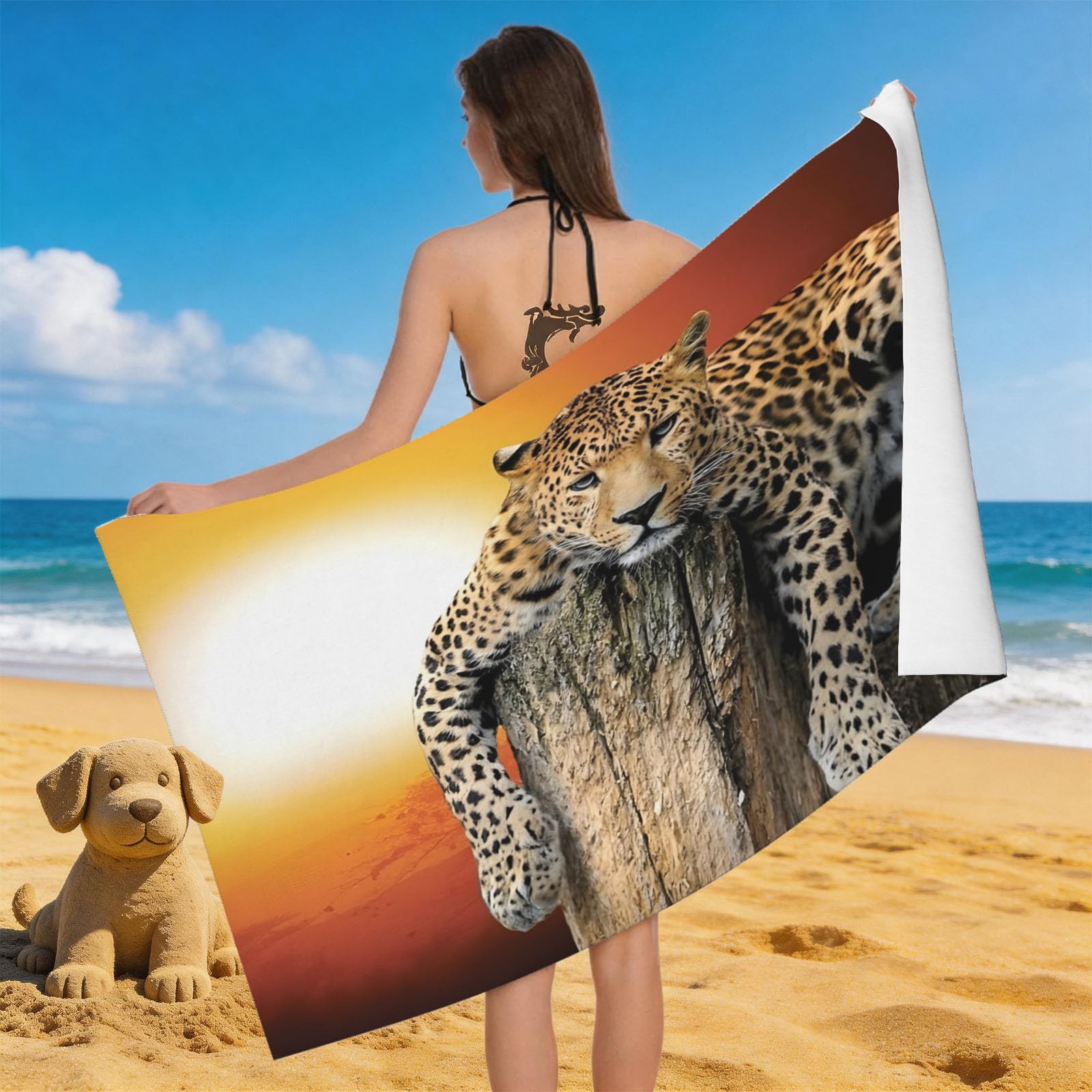 Leichong 3D Panther Beach Towel Large Microfiber Soft Quick Dry for Adults, Sunset Bath Towel Lightweight Soft Absorbent for Travel Swimming Pool Sports, 180 x 90 cm